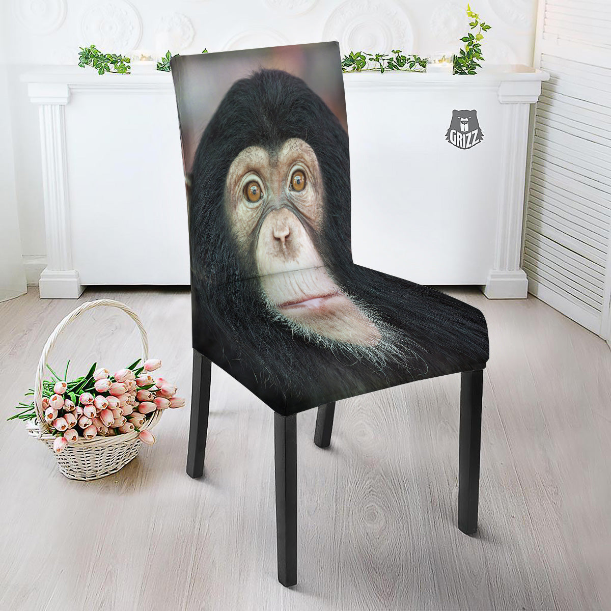 Portrait Chimpanzee Print Dining Chair Slipcover-grizzshop