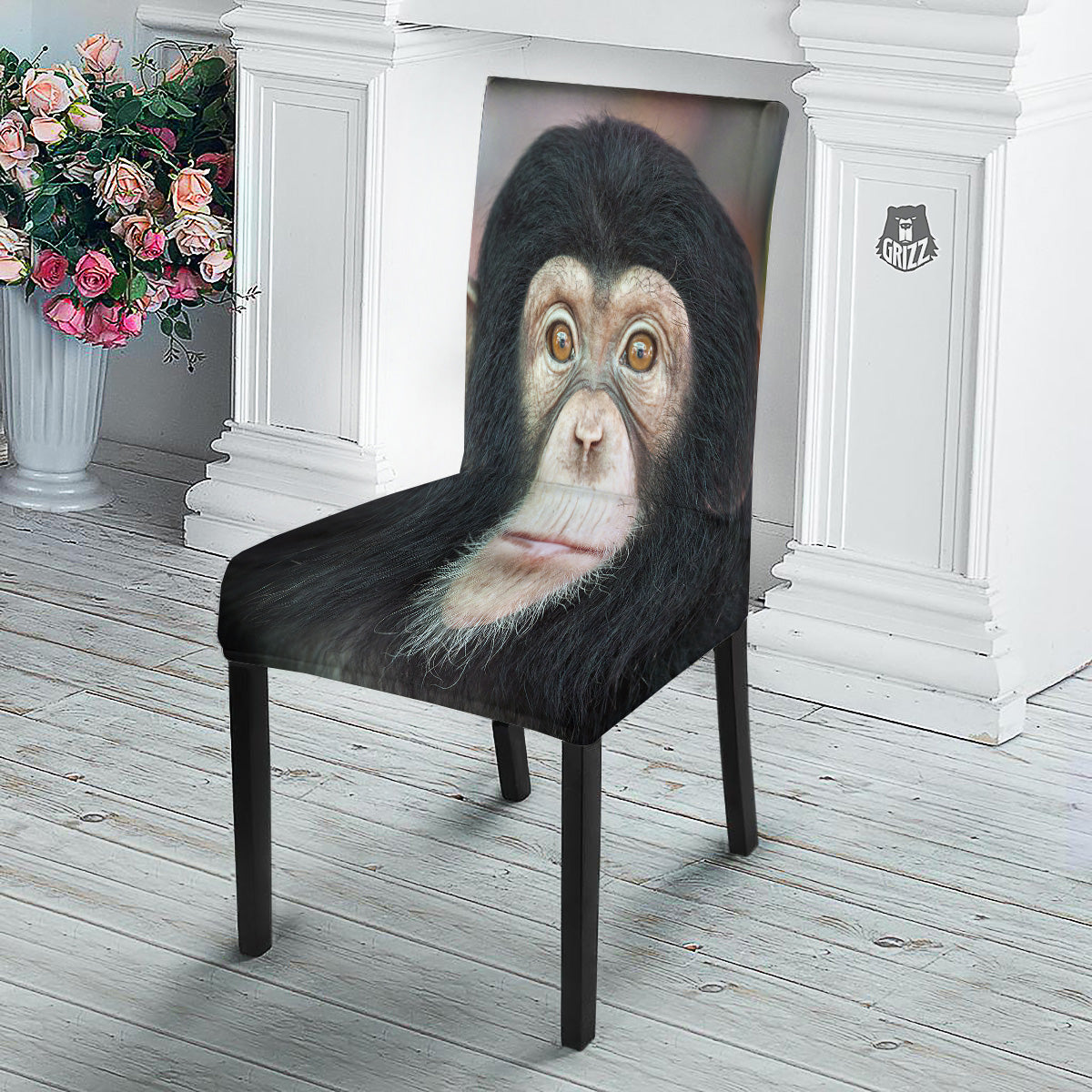 Portrait Chimpanzee Print Dining Chair Slipcover-grizzshop