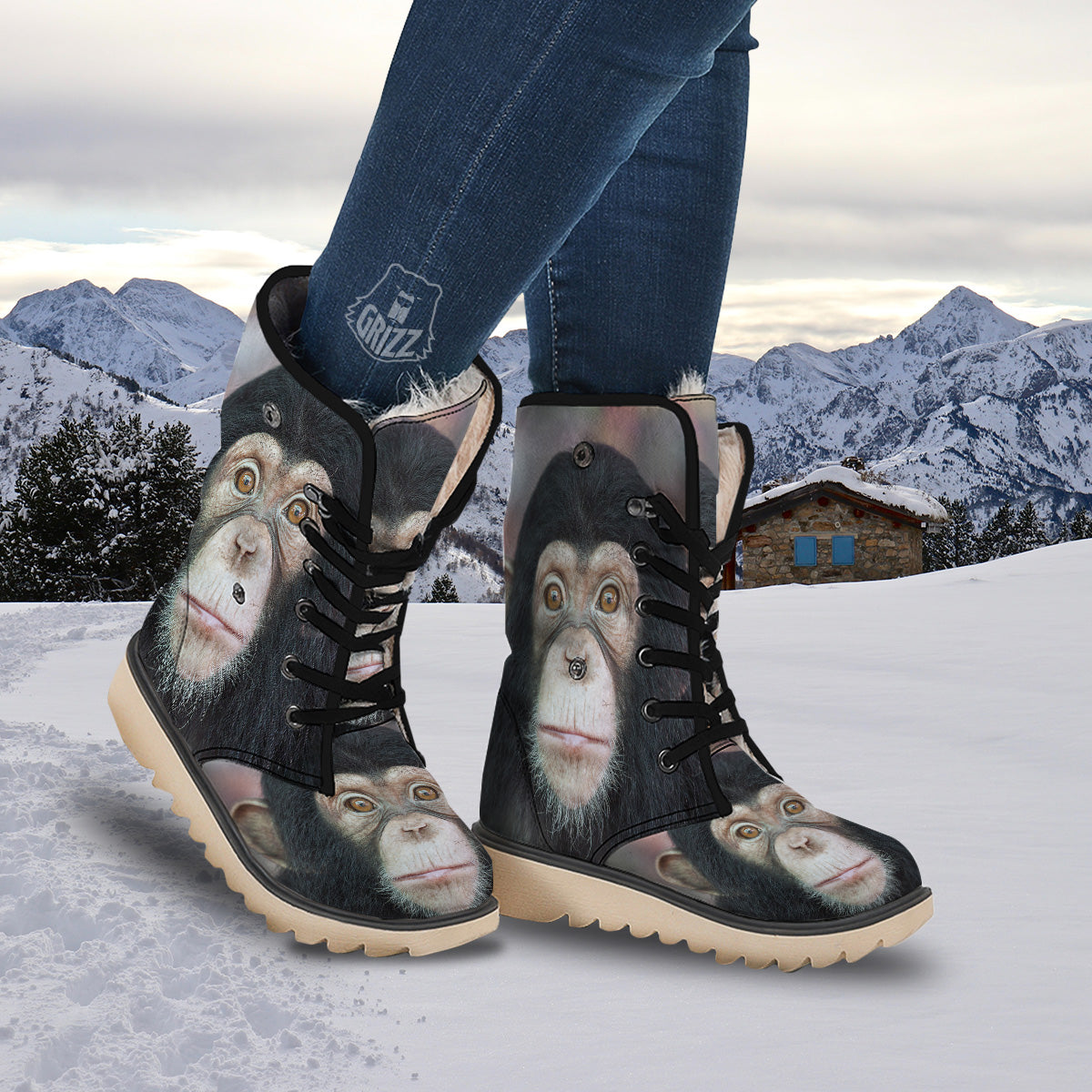 Portrait Chimpanzee Print Snow Boots-grizzshop