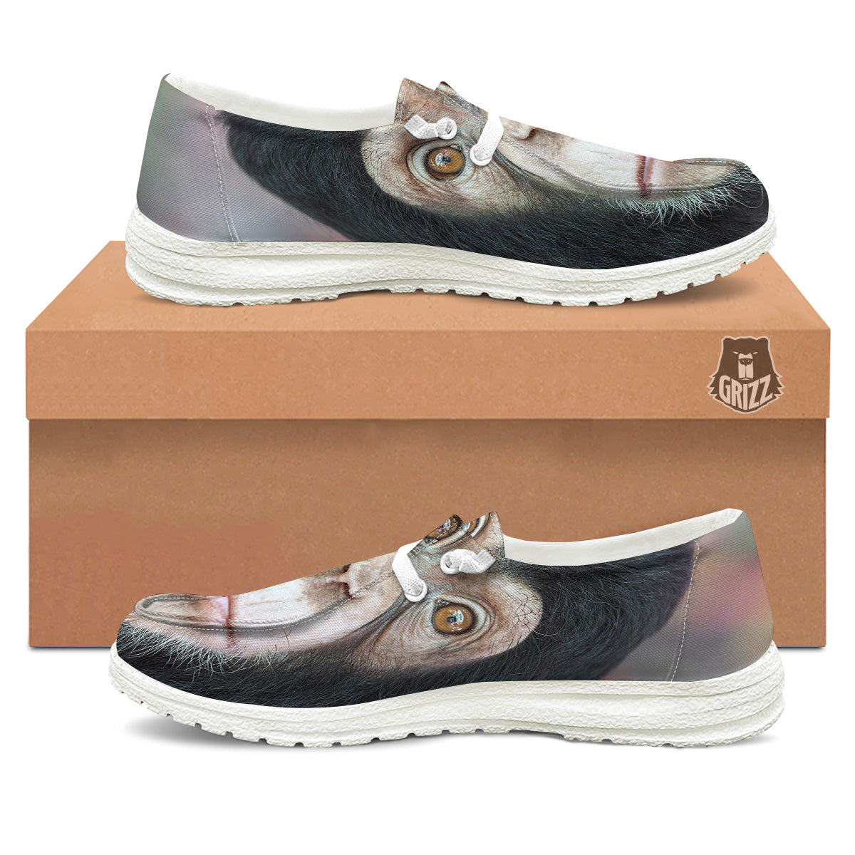 Portrait Chimpanzee Print White Loafers-grizzshop