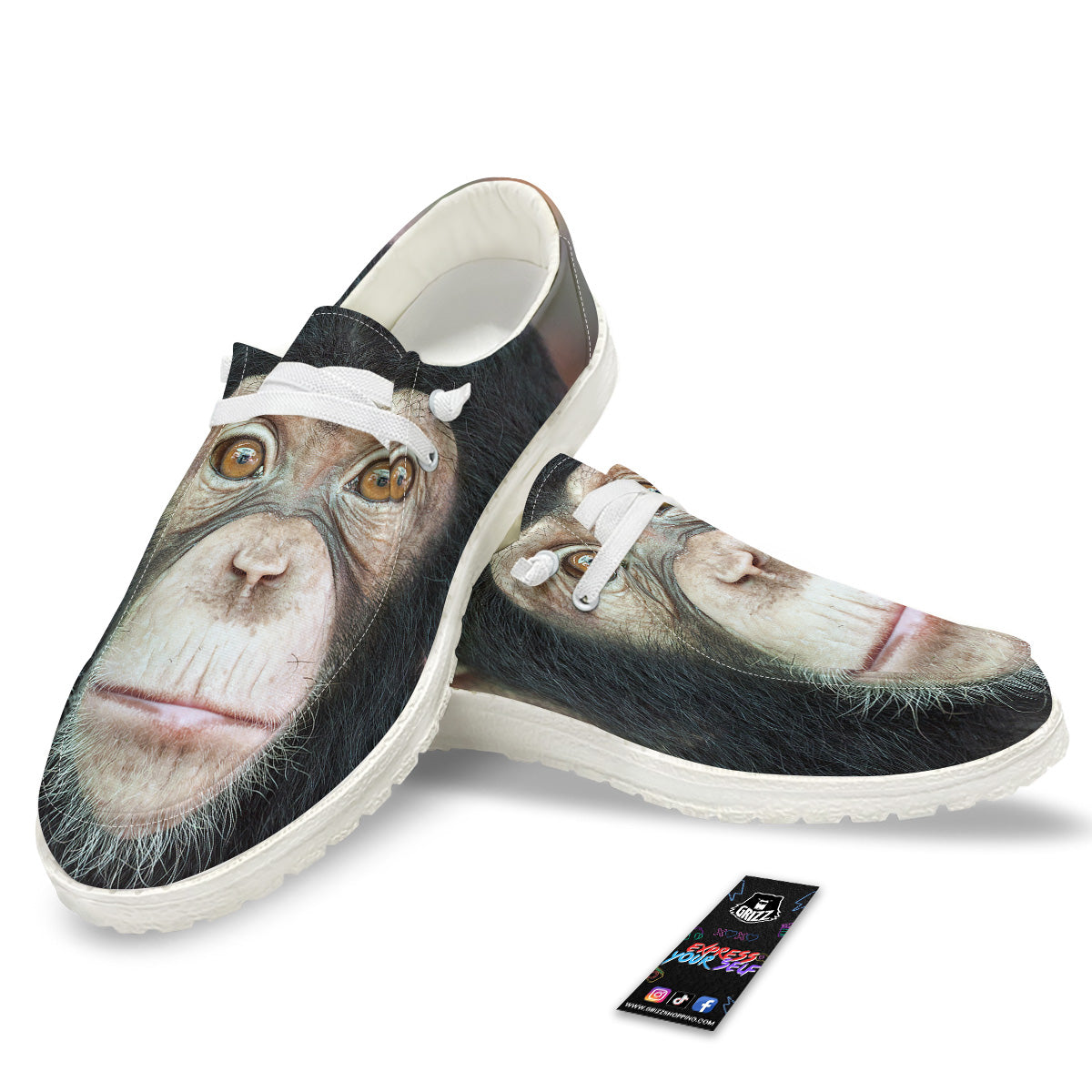 Portrait Chimpanzee Print White Loafers-grizzshop