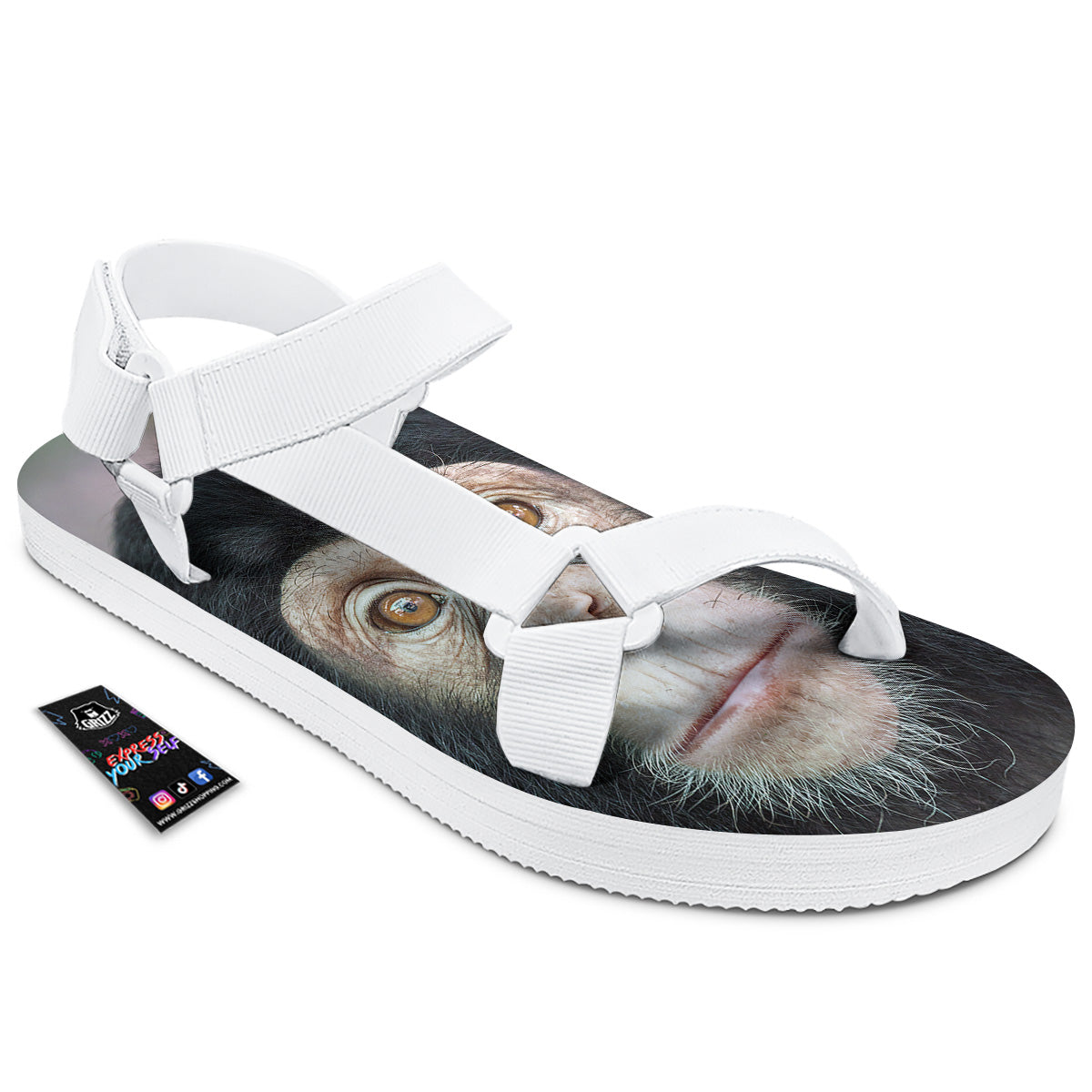 Portrait Chimpanzee Print White Open Toe Sandals-grizzshop