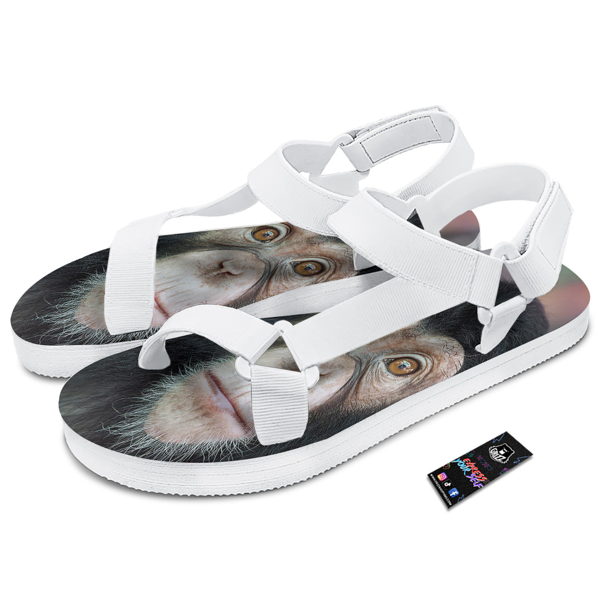 Portrait Chimpanzee Print White Open Toe Sandals-grizzshop