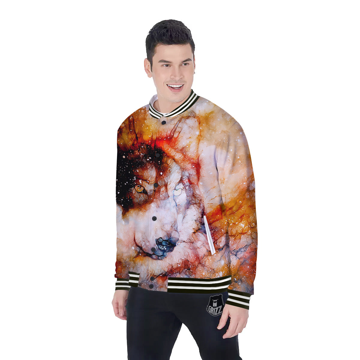 Portrait Cosmic Wolf Print Baseball Jacket-grizzshop