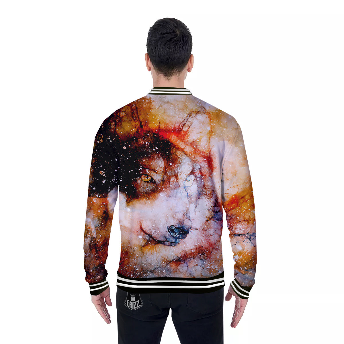 Portrait Cosmic Wolf Print Baseball Jacket-grizzshop