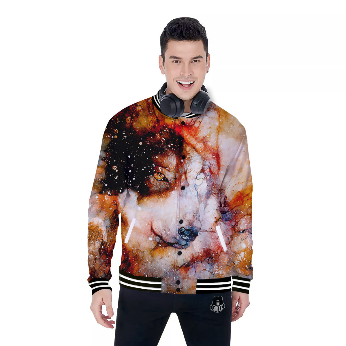 Portrait Cosmic Wolf Print Baseball Jacket-grizzshop