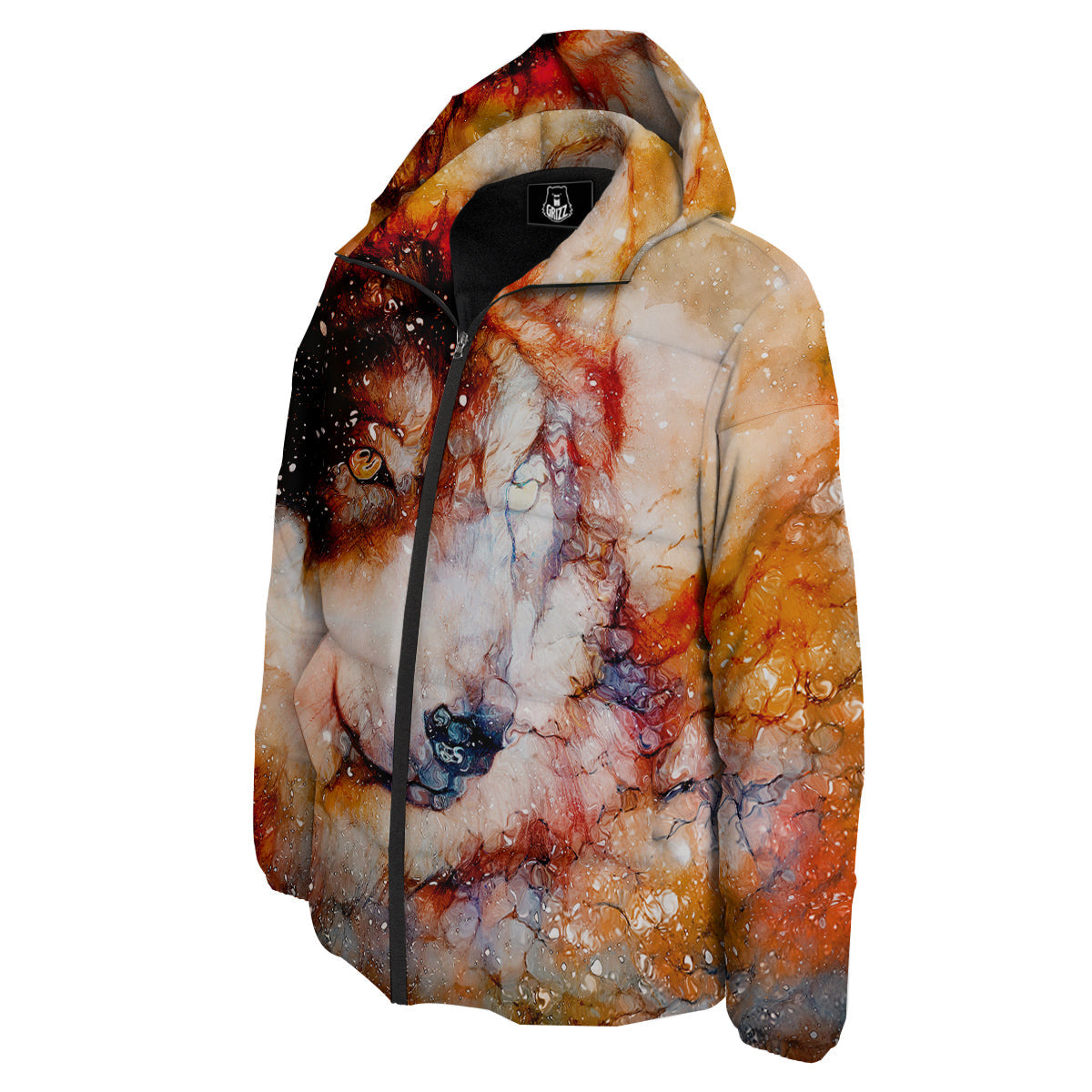 Portrait Cosmic Wolf Print Down Jacket-grizzshop