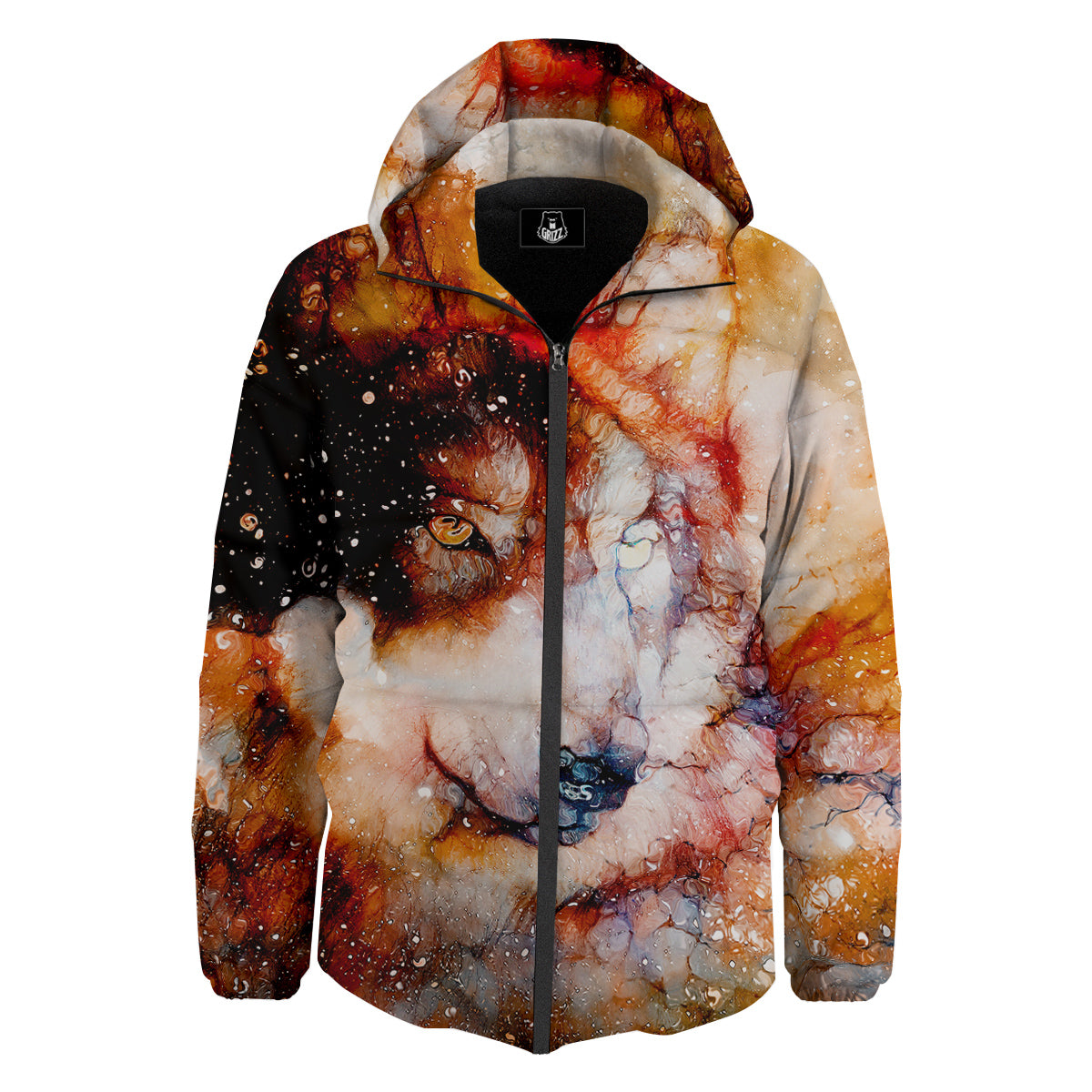 Portrait Cosmic Wolf Print Down Jacket-grizzshop