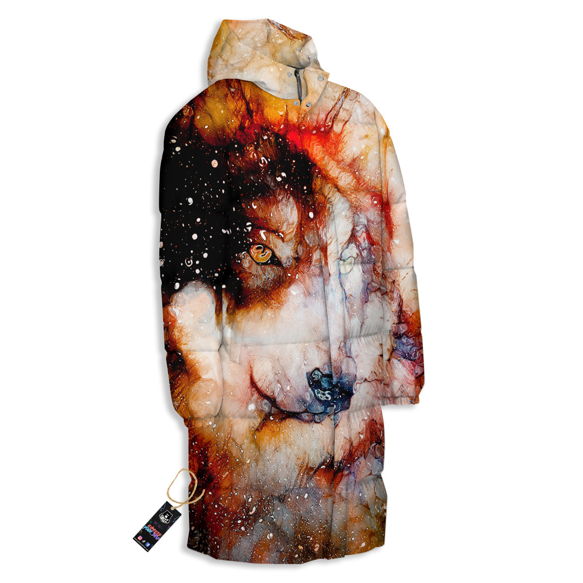 Portrait Cosmic Wolf Print Long Down Jacket-grizzshop