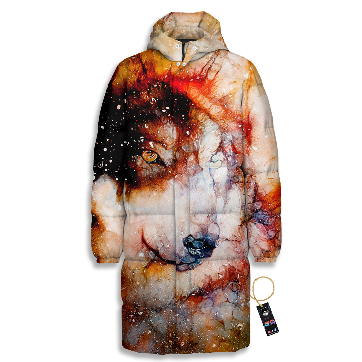 Portrait Cosmic Wolf Print Long Down Jacket-grizzshop