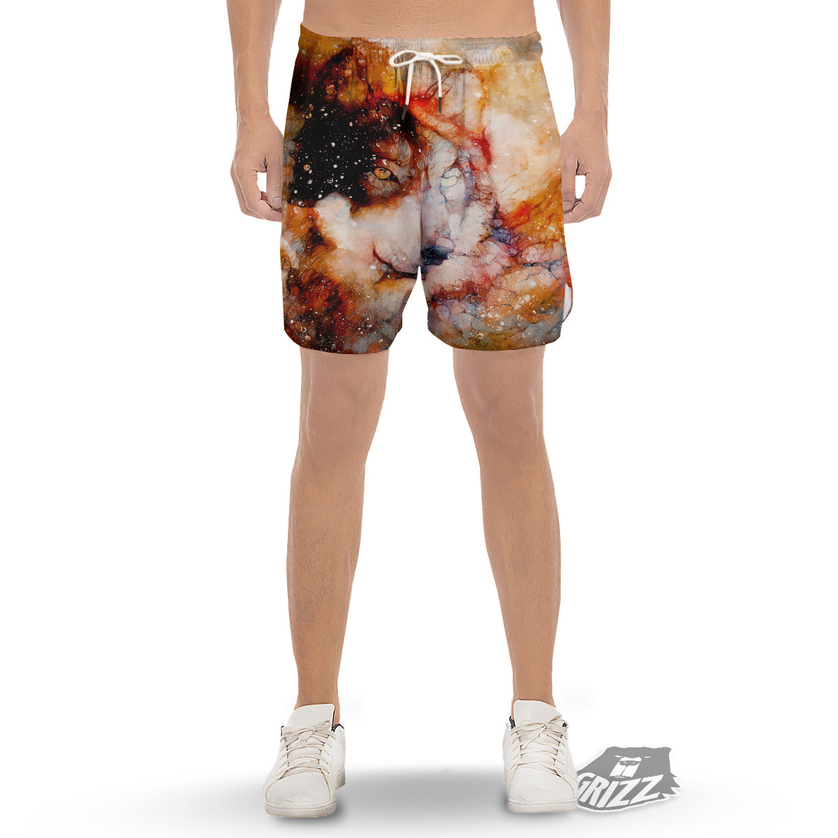 Portrait Cosmic Wolf Print Men's Gym Shorts-grizzshop