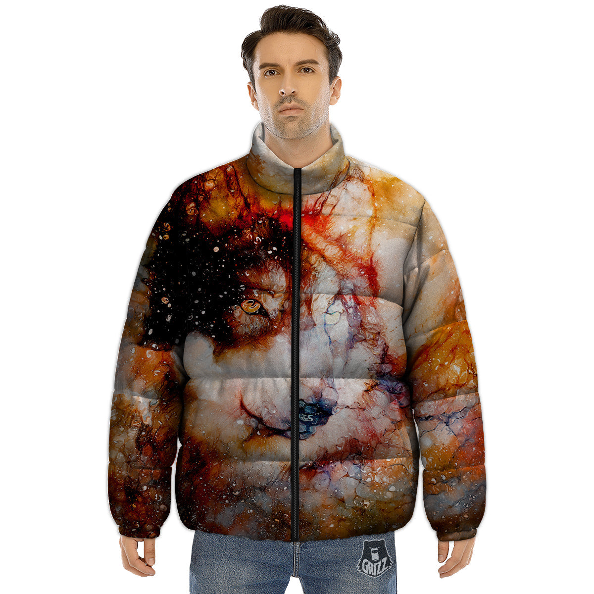 Portrait Cosmic Wolf Print Puffer Jacket-grizzshop