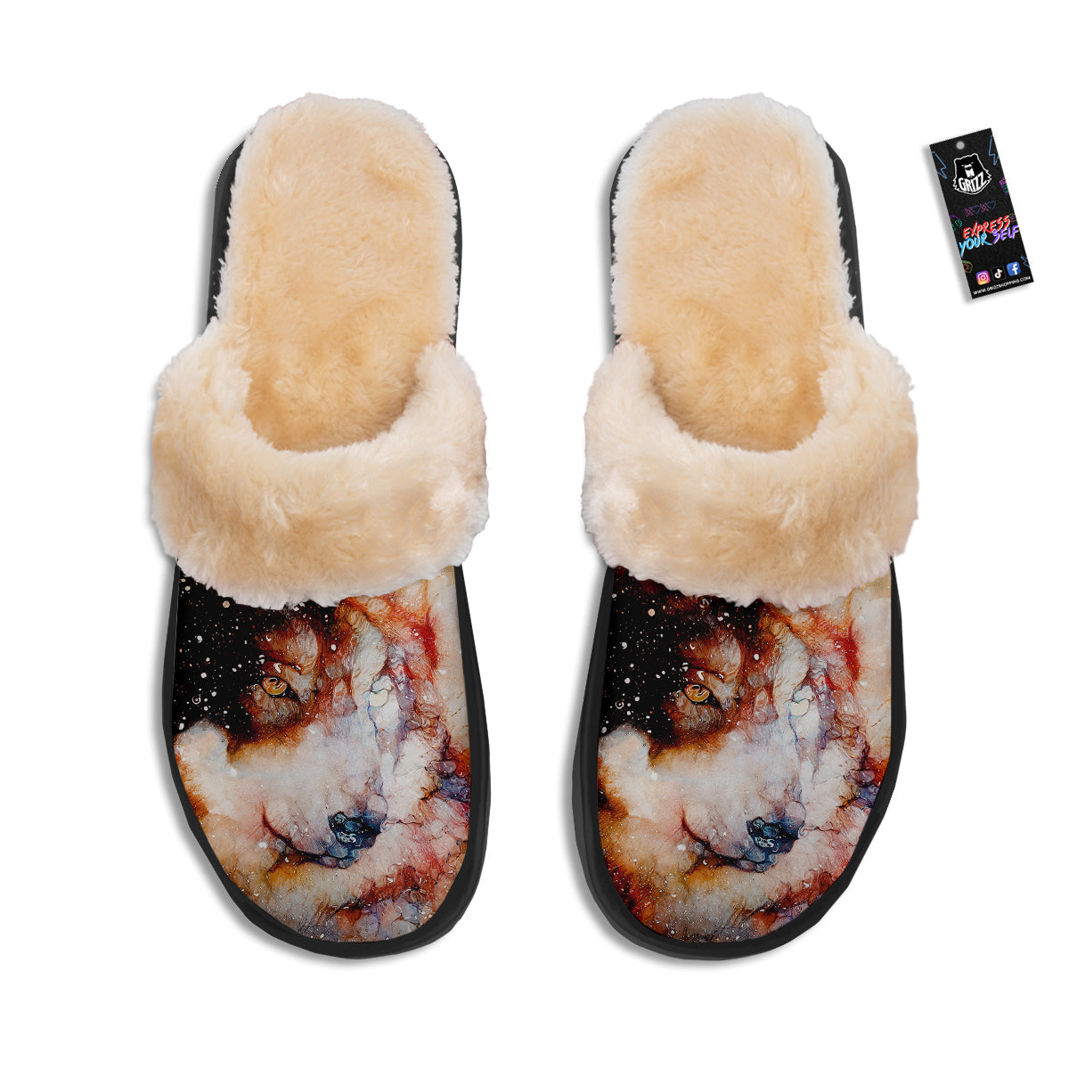Portrait Cosmic Wolf Print Slippers-grizzshop