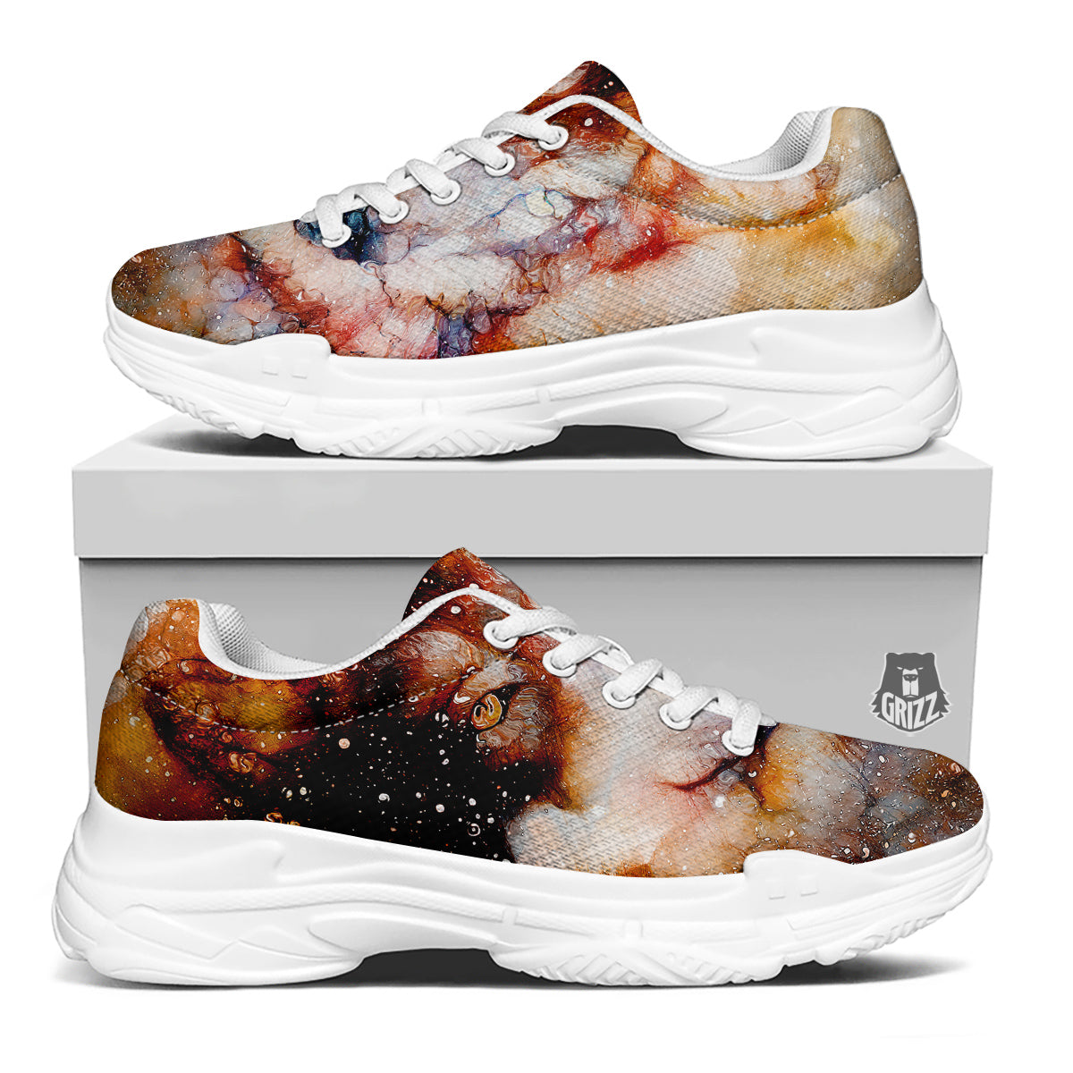 Portrait Cosmic Wolf Print White Chunky Shoes-grizzshop