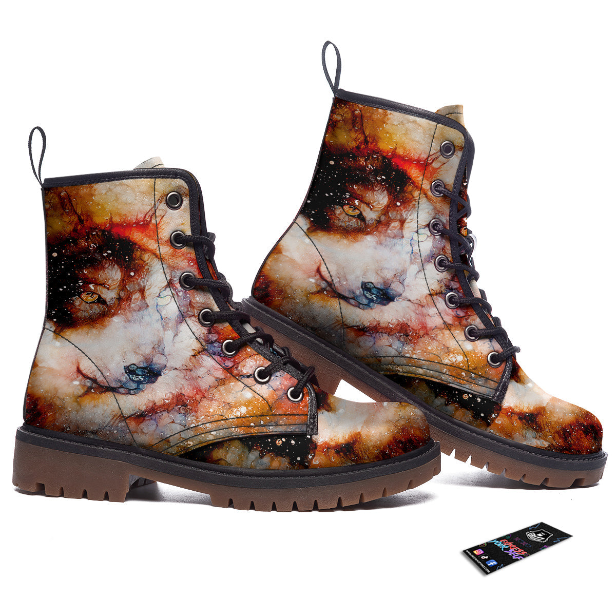 Portrait Cosmic Wolf Print Work Boots-grizzshop