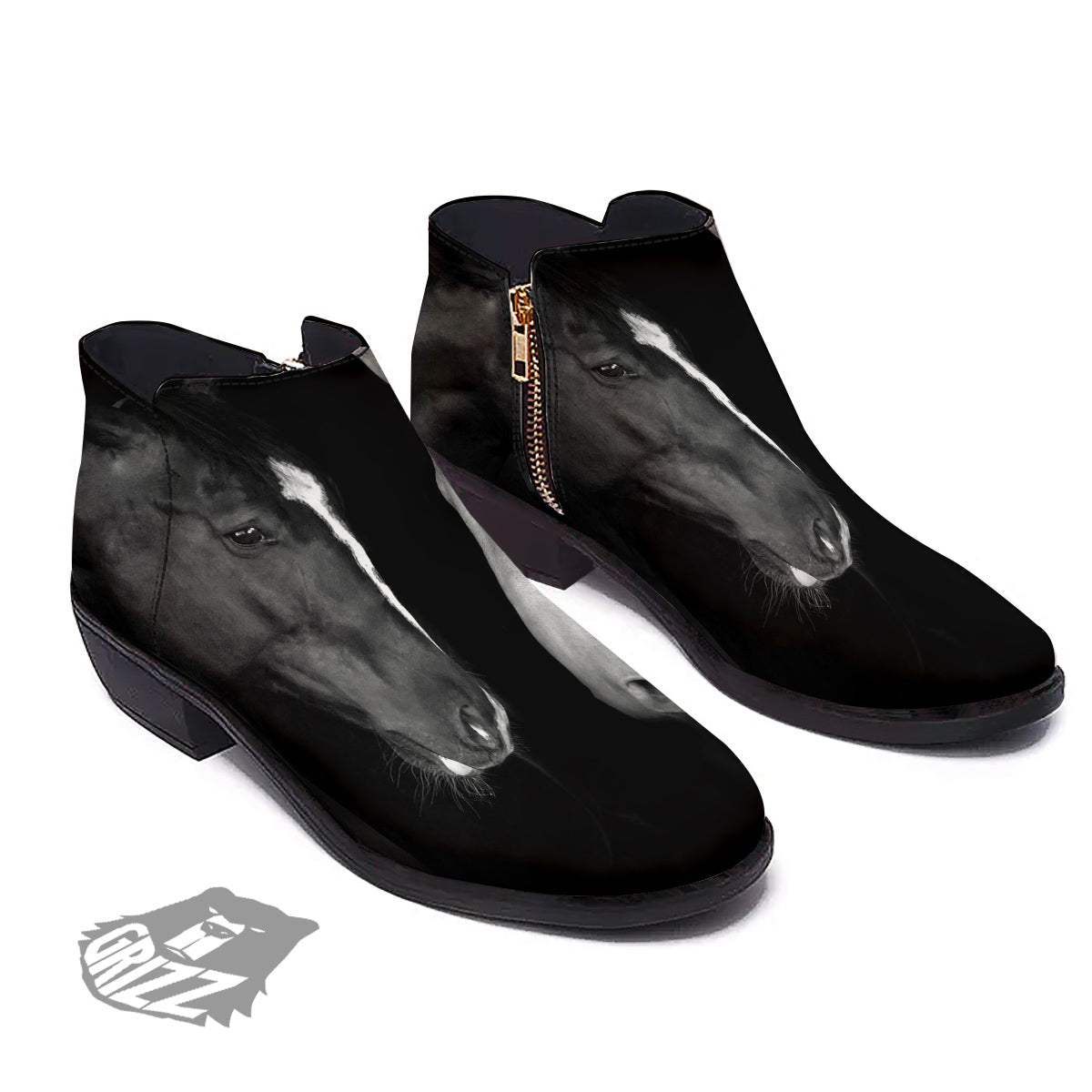 Portrait Couple Horses Print Ankle Boots-grizzshop