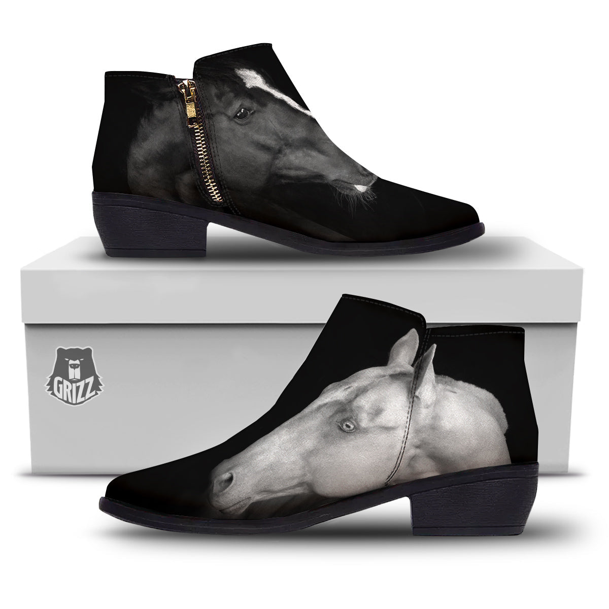 Portrait Couple Horses Print Ankle Boots-grizzshop