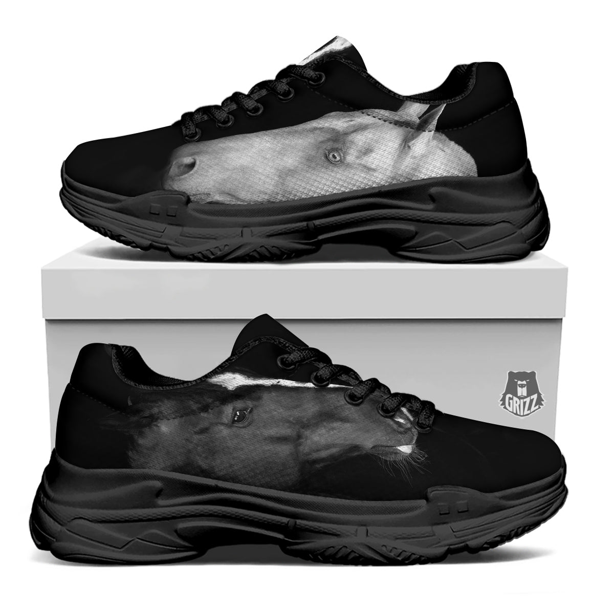 Portrait Couple Horses Print Black Chunky Shoes-grizzshop