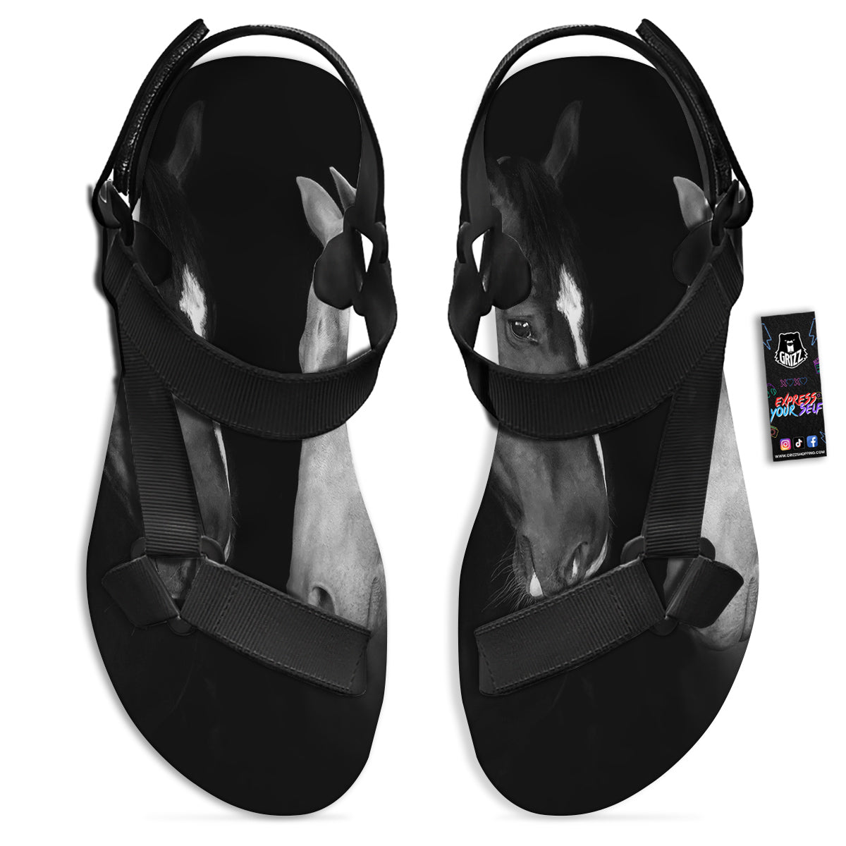 Portrait Couple Horses Print Black Open Toe Sandals-grizzshop