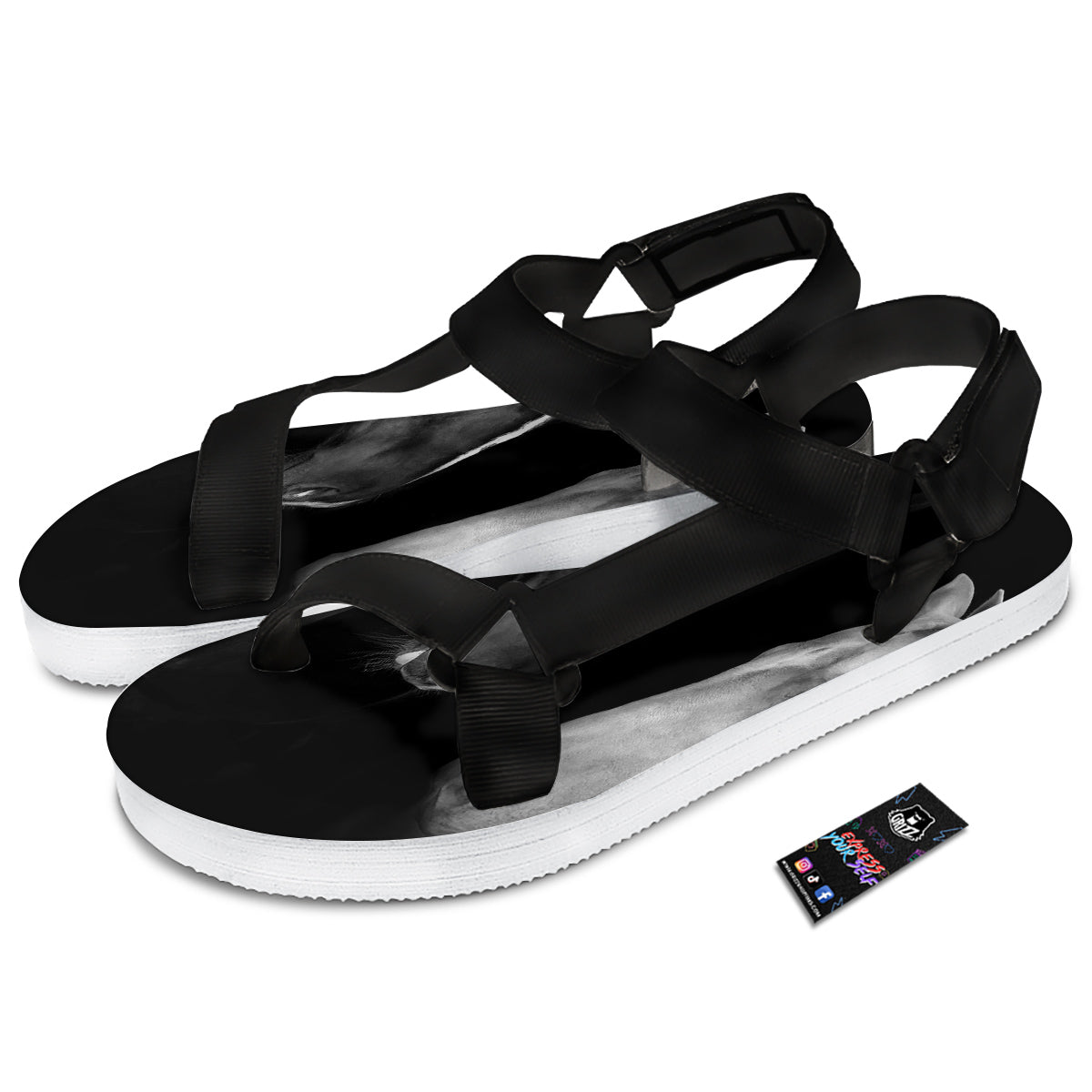 Portrait Couple Horses Print Black Open Toe Sandals-grizzshop
