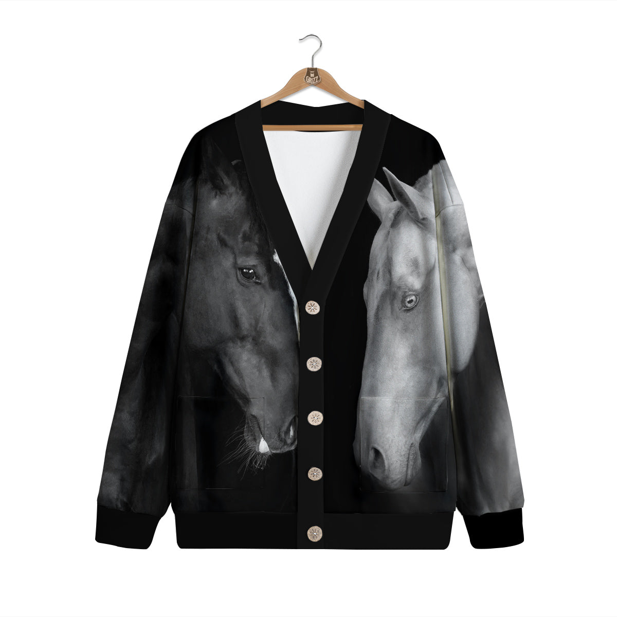 Portrait Couple Horses Print Cardigan-grizzshop