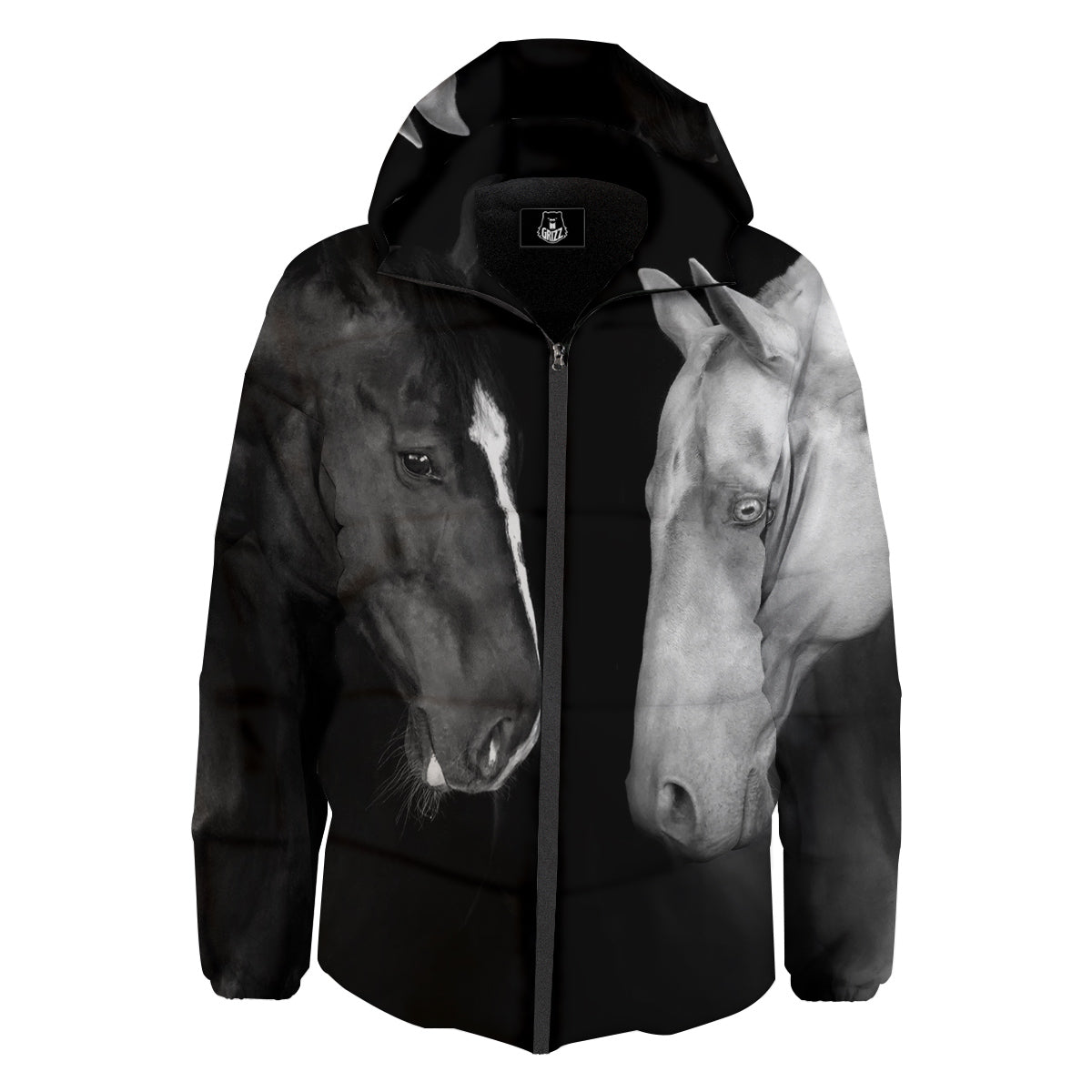 Portrait Couple Horses Print Down Jacket-grizzshop