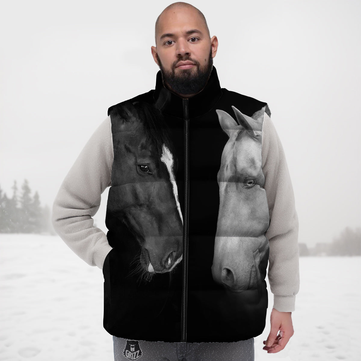 Portrait Couple Horses Print Down Vest