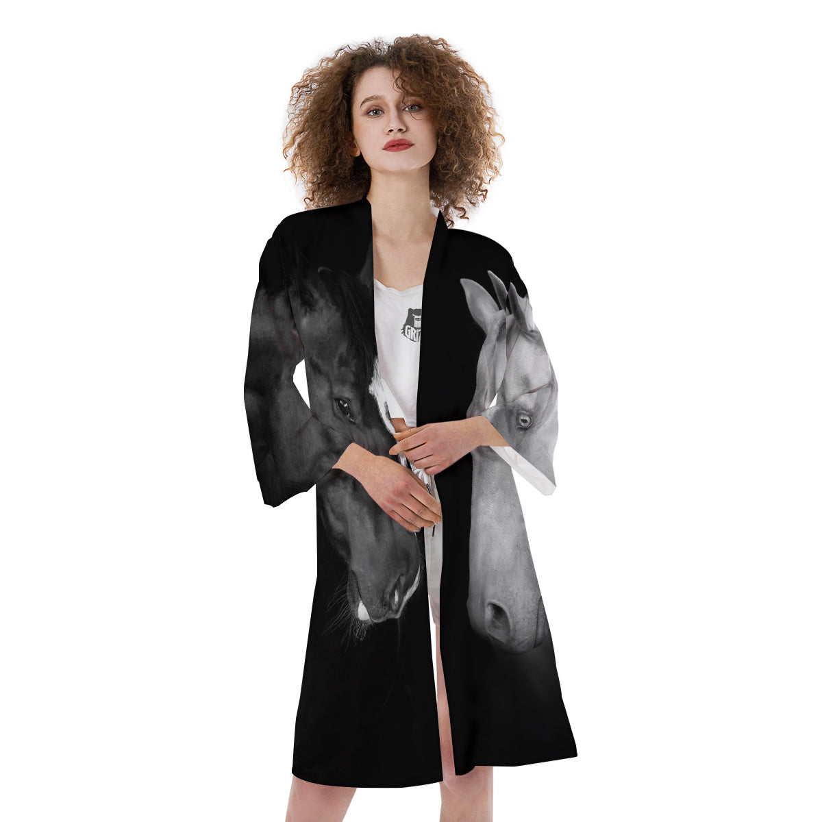 Portrait Couple Horses Print Kimono-grizzshop