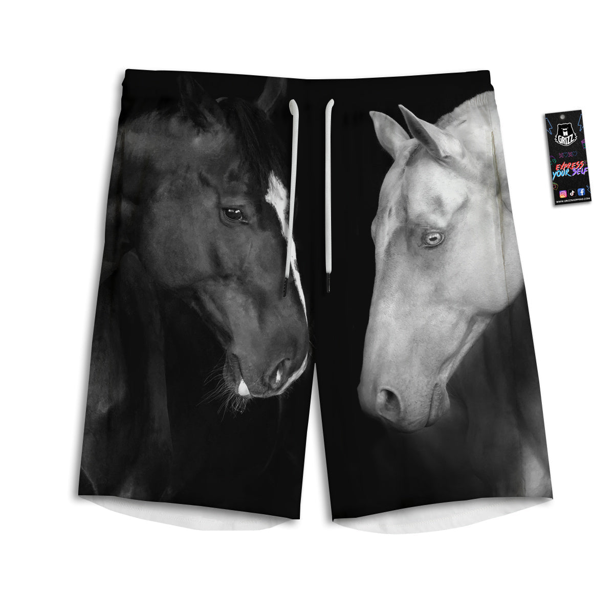Portrait Couple Horses Print Men's Athletic Shorts