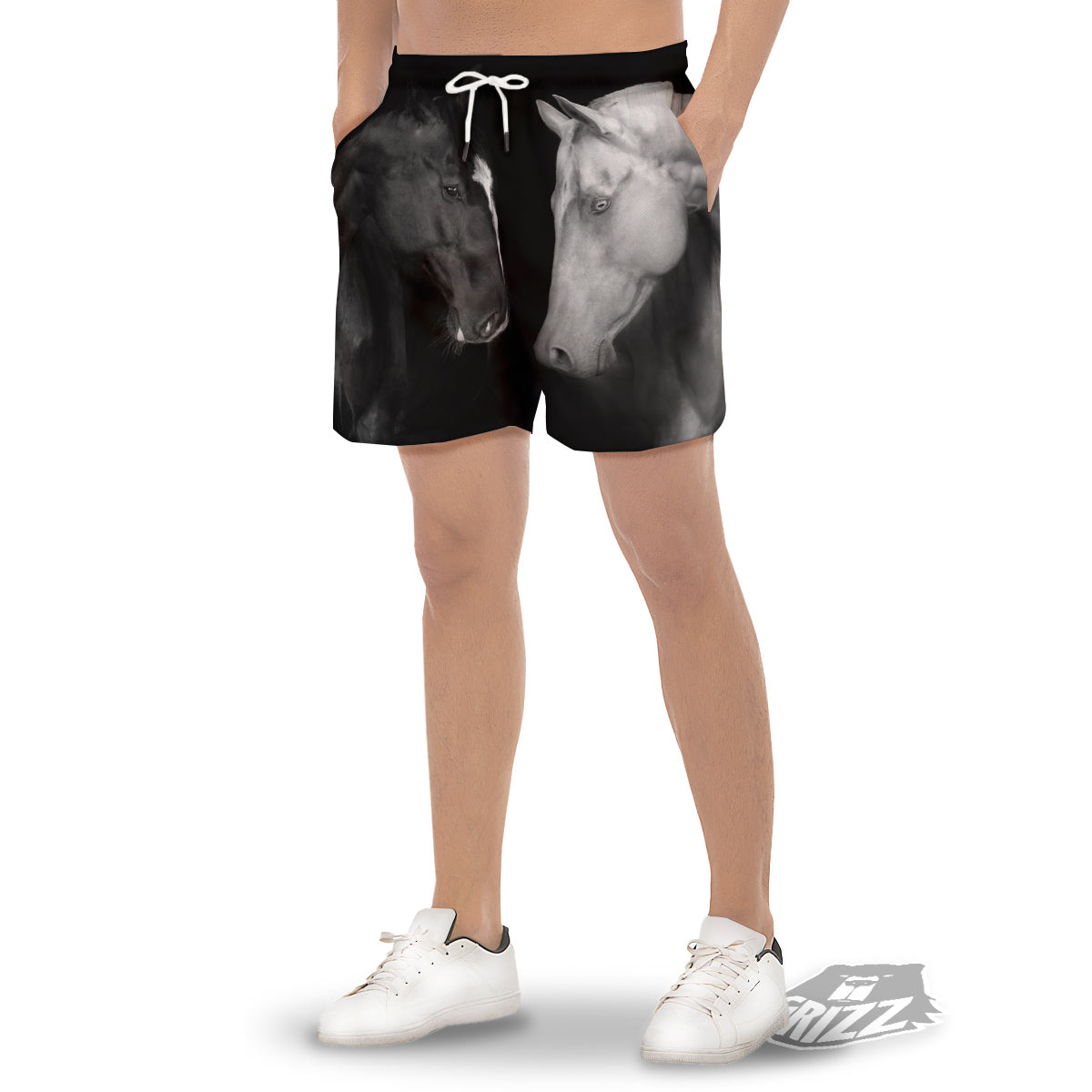 Portrait Couple Horses Print Men's Gym Shorts-grizzshop