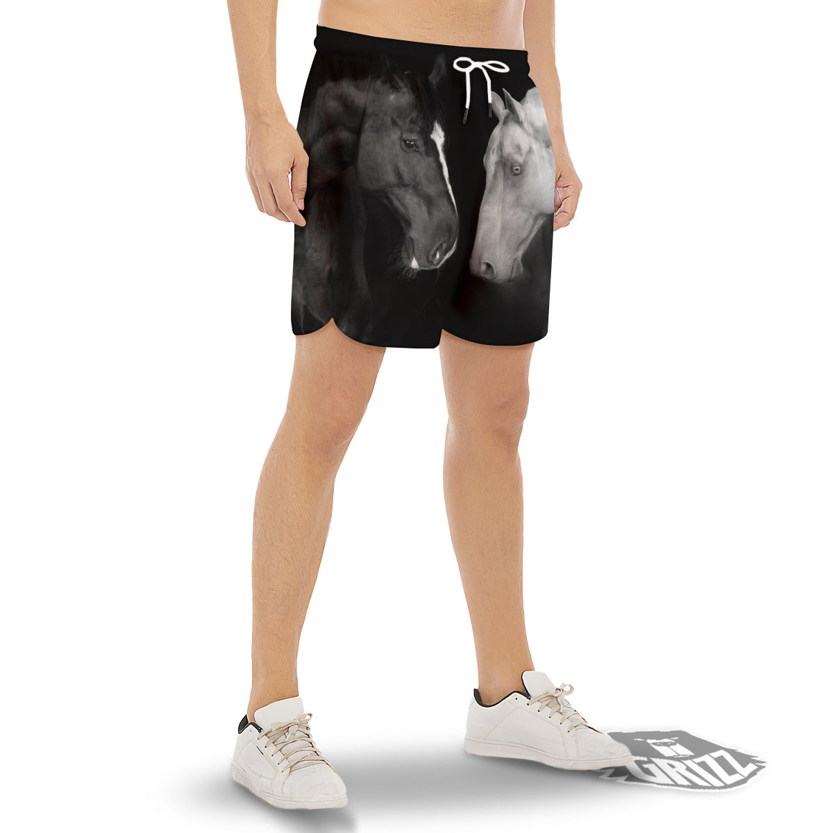 Portrait Couple Horses Print Men's Gym Shorts-grizzshop