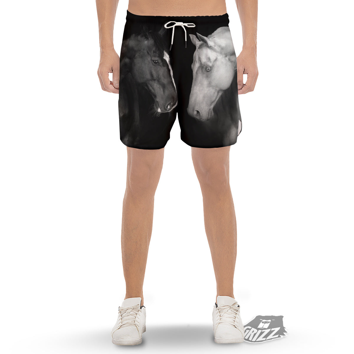 Portrait Couple Horses Print Men's Gym Shorts-grizzshop