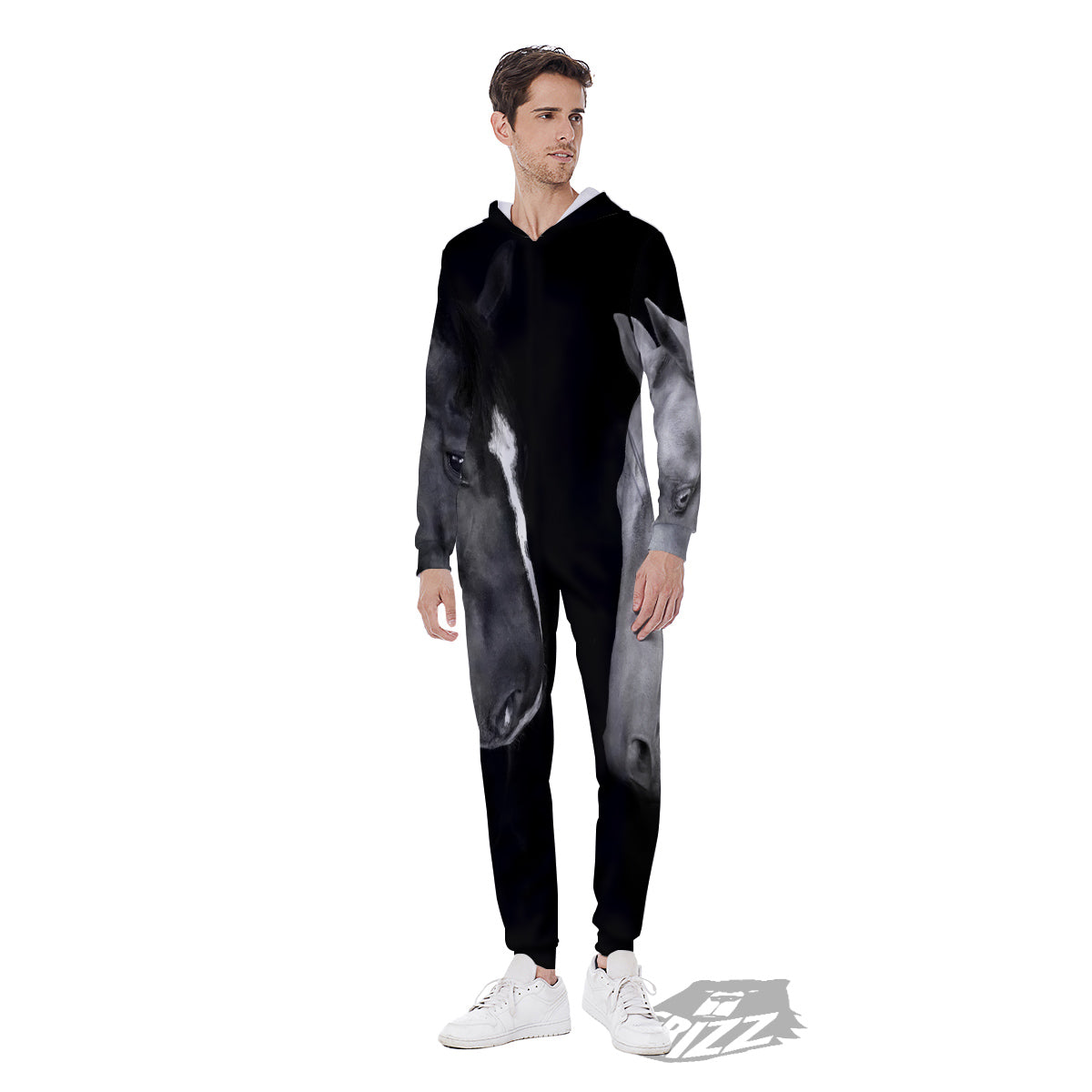 Portrait Couple Horses Print Men's Jumpsuit-grizzshop
