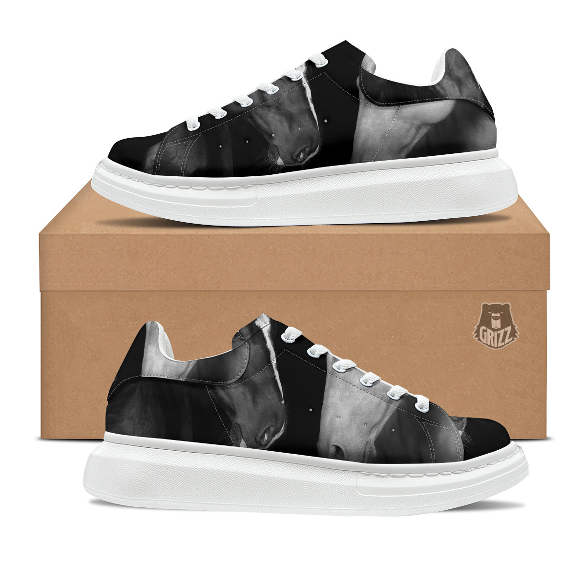 Portrait Couple Horses Print Platform Shoes-grizzshop