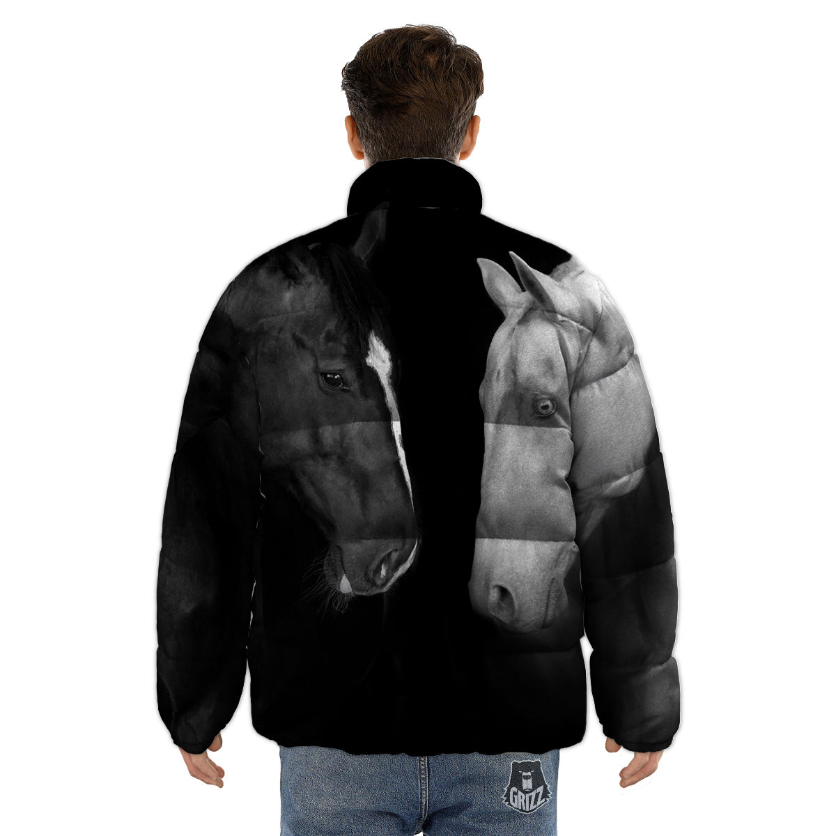 Portrait Couple Horses Print Puffer Jacket-grizzshop