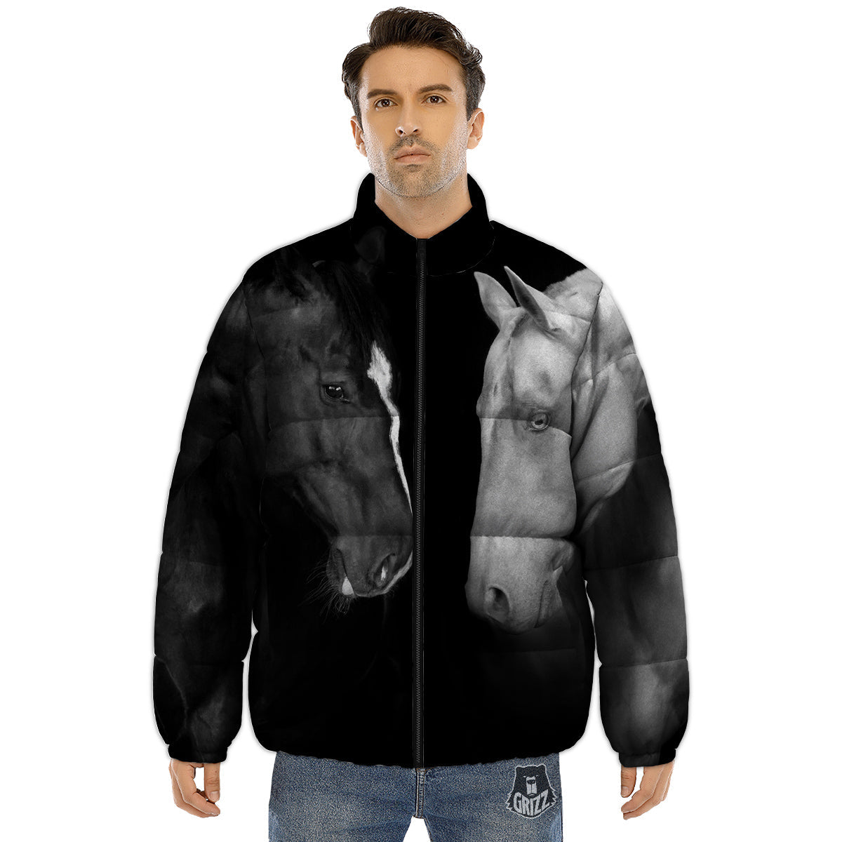 Portrait Couple Horses Print Puffer Jacket-grizzshop