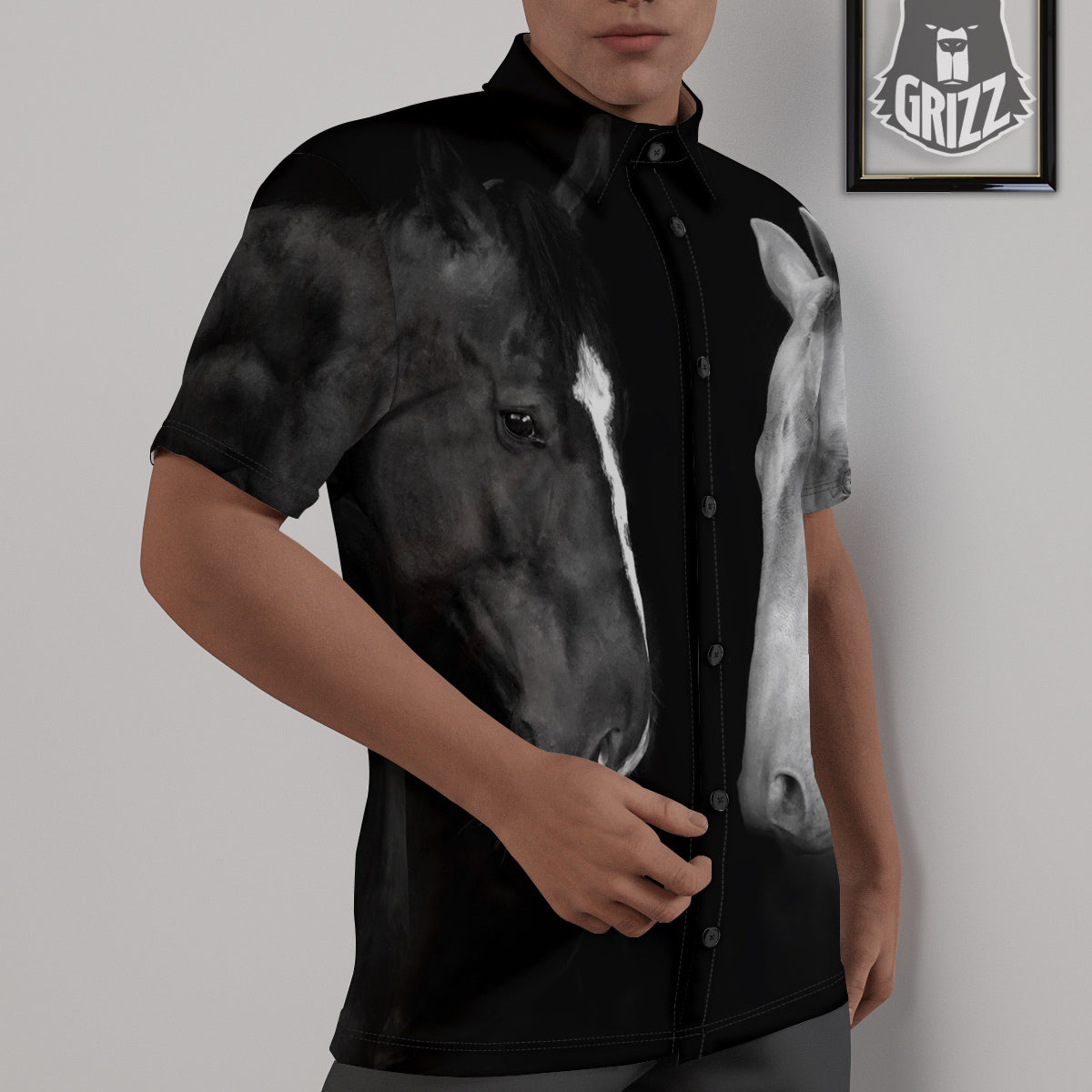 Portrait Couple Horses Print Untucked Shirts-grizzshop