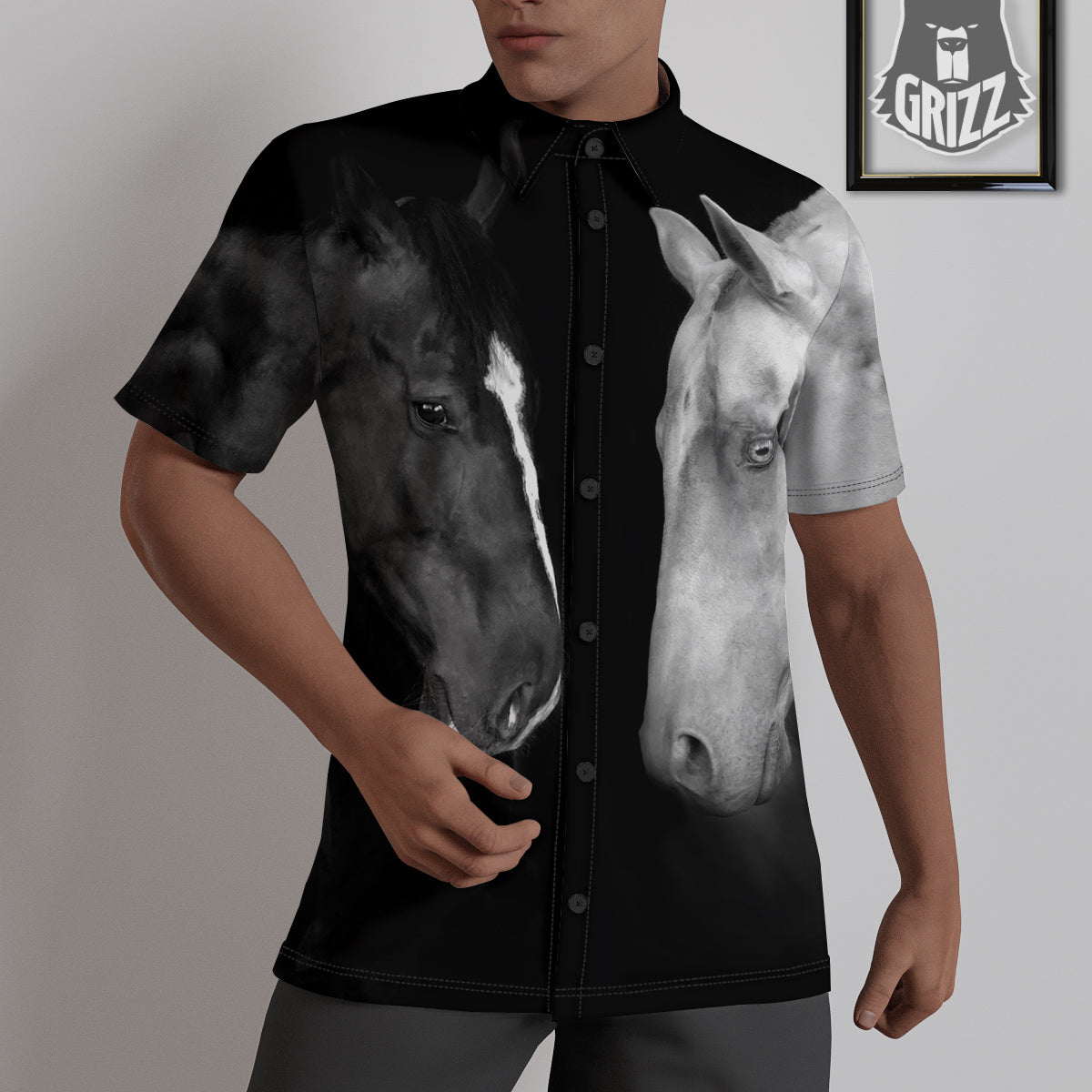 Portrait Couple Horses Print Untucked Shirts-grizzshop