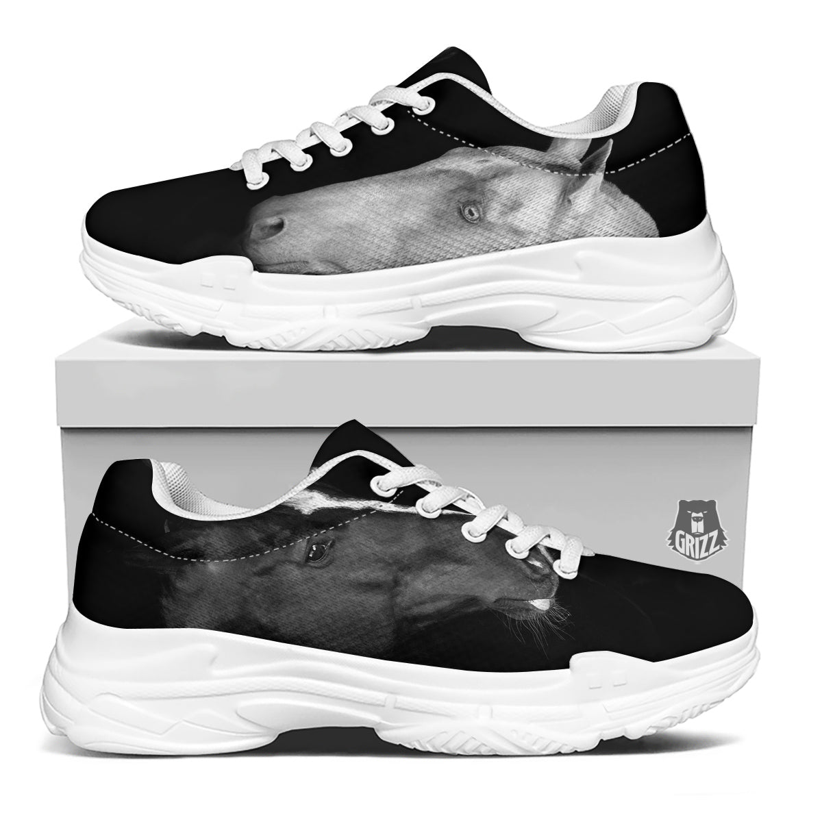Portrait Couple Horses Print White Chunky Shoes-grizzshop