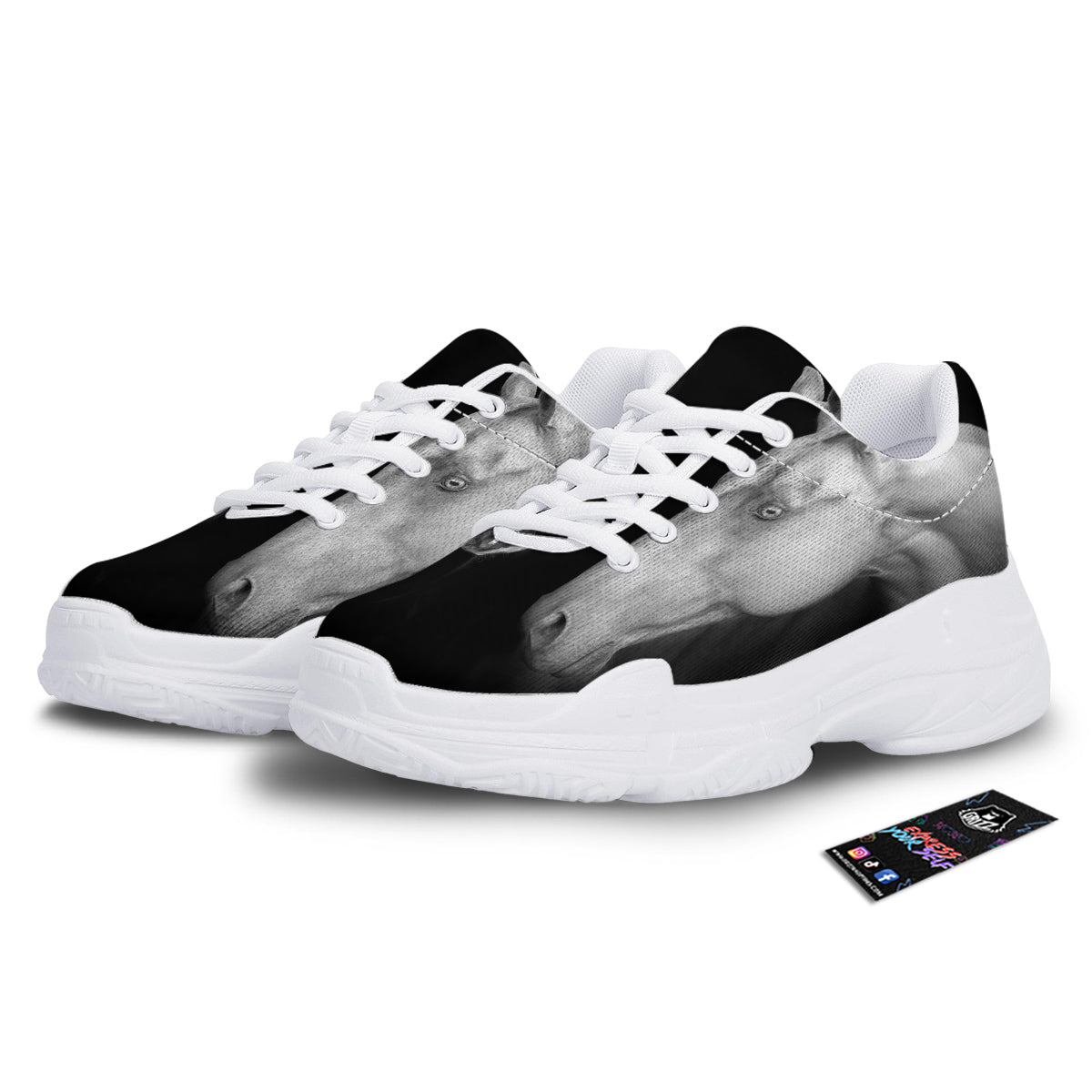Portrait Couple Horses Print White Chunky Shoes-grizzshop