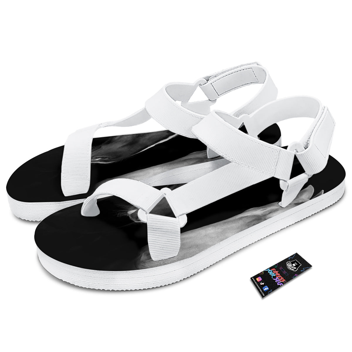 Portrait Couple Horses Print White Open Toe Sandals-grizzshop
