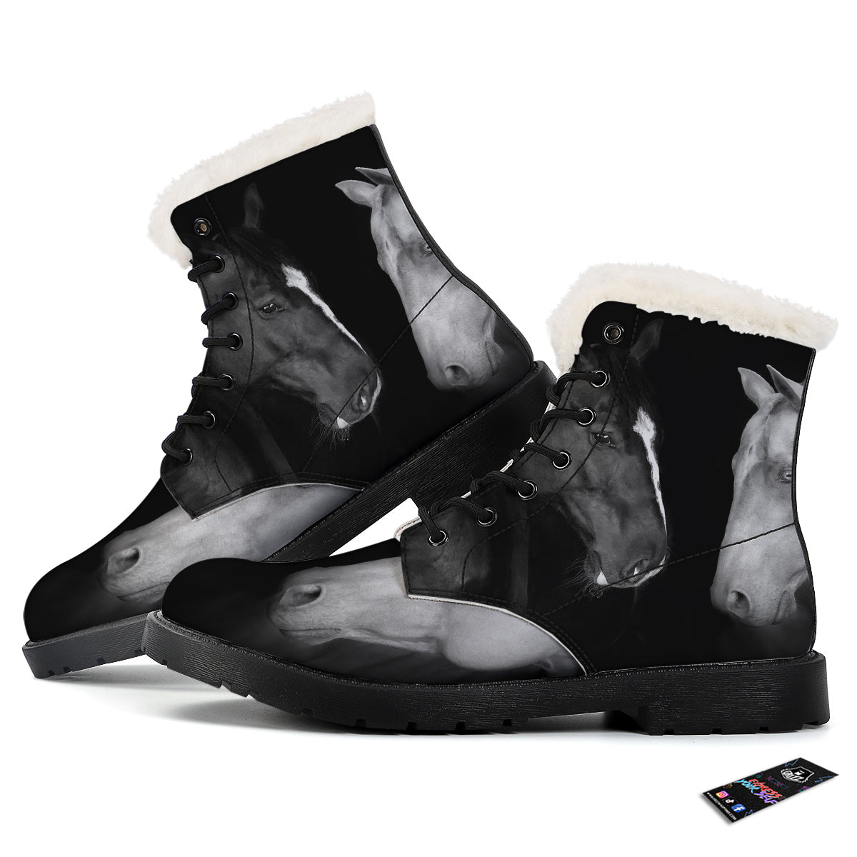 Portrait Couple Horses Print Winter Boots-grizzshop