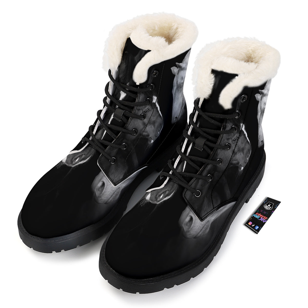 Portrait Couple Horses Print Winter Boots-grizzshop