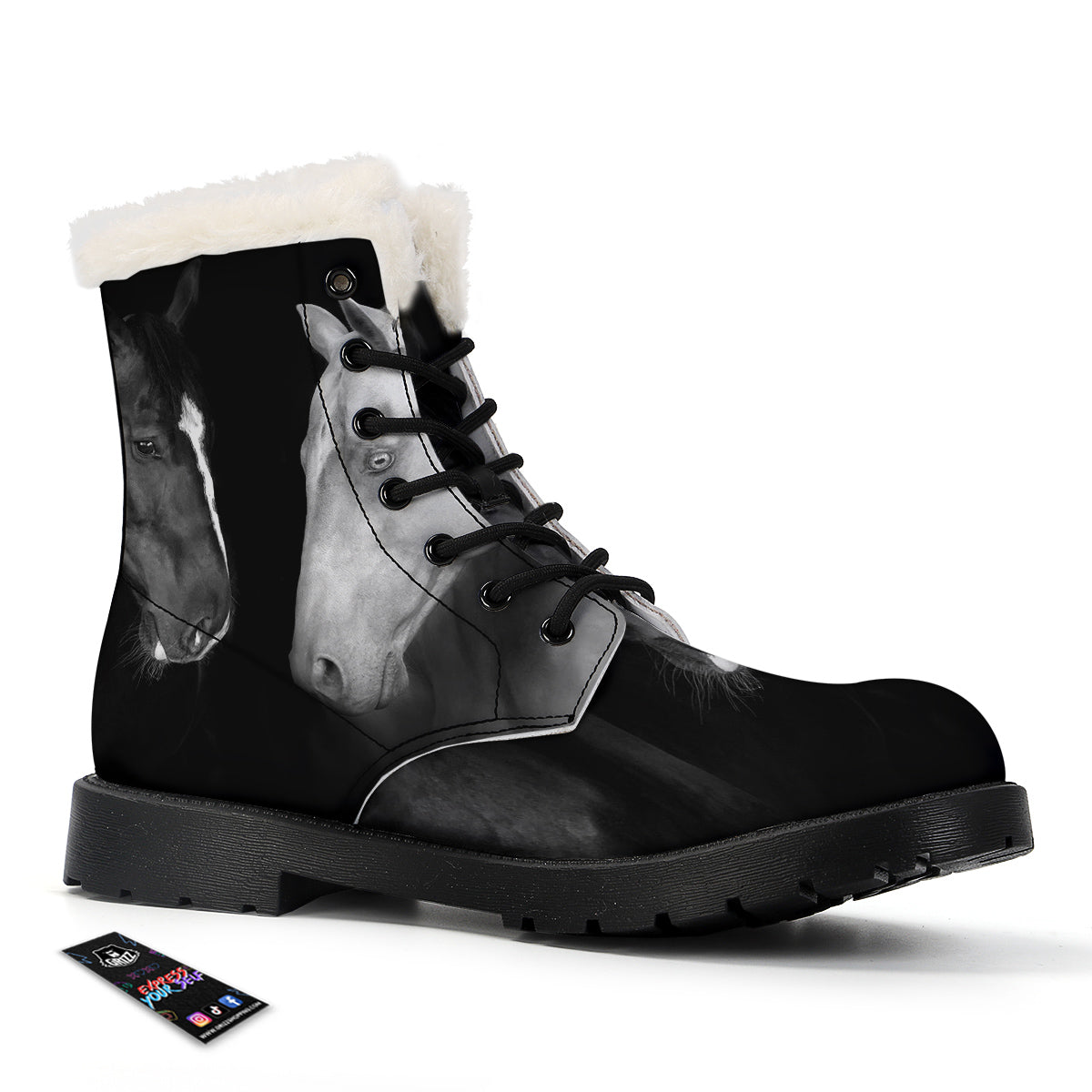 Portrait Couple Horses Print Winter Boots-grizzshop