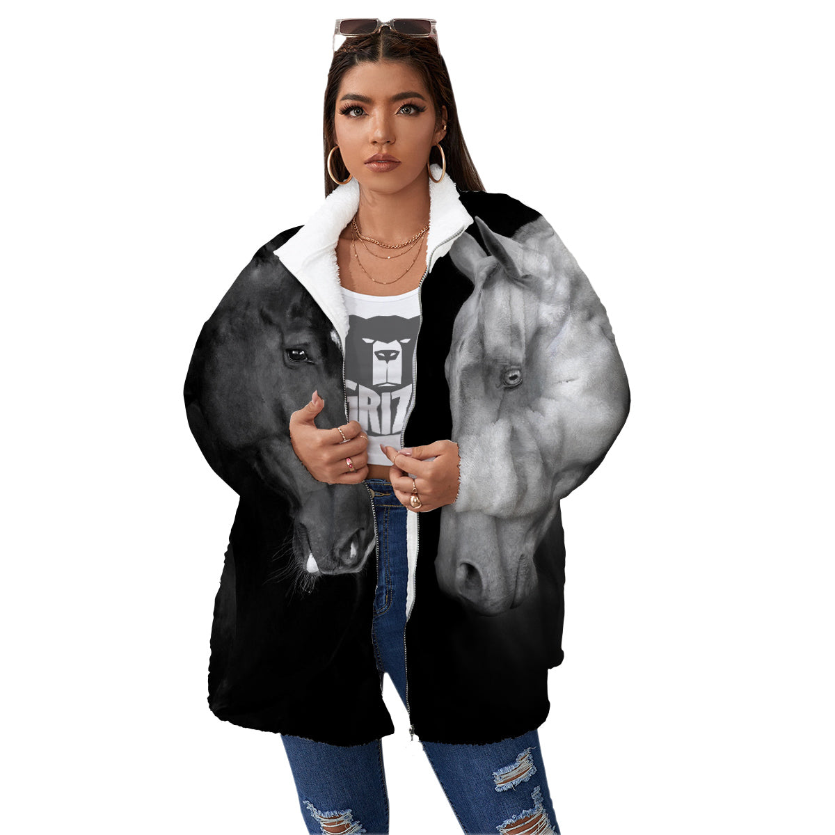 Portrait Couple Horses Print Women's Sherpa Jacket-grizzshop
