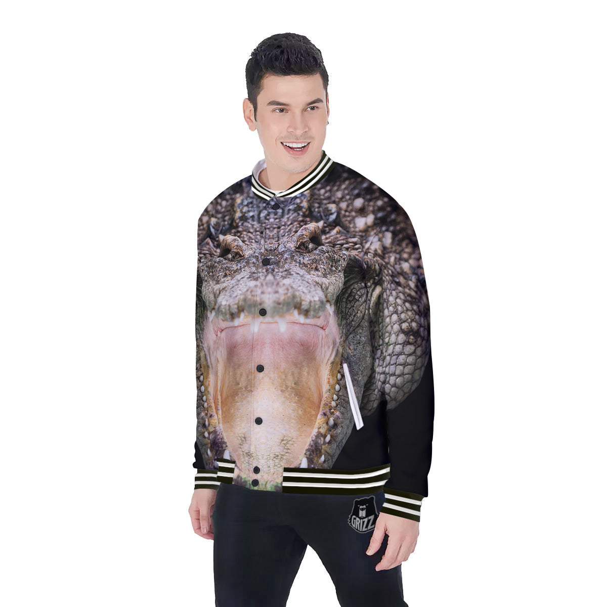 Portrait Crocodile Print Baseball Jacket-grizzshop