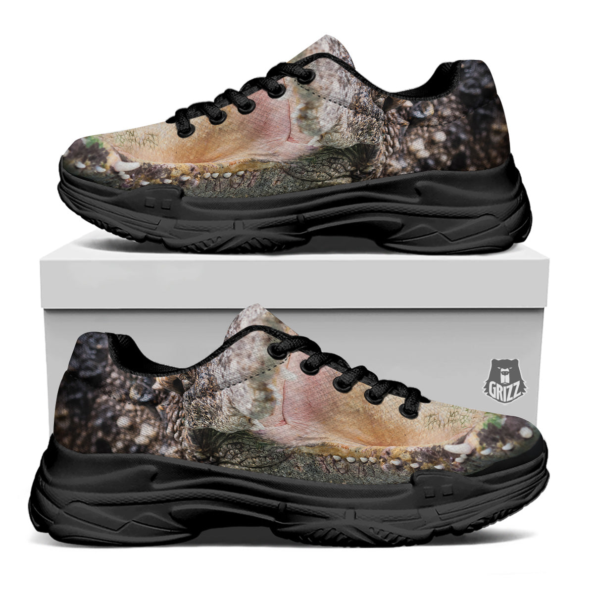 Portrait Crocodile Print Black Chunky Shoes-grizzshop