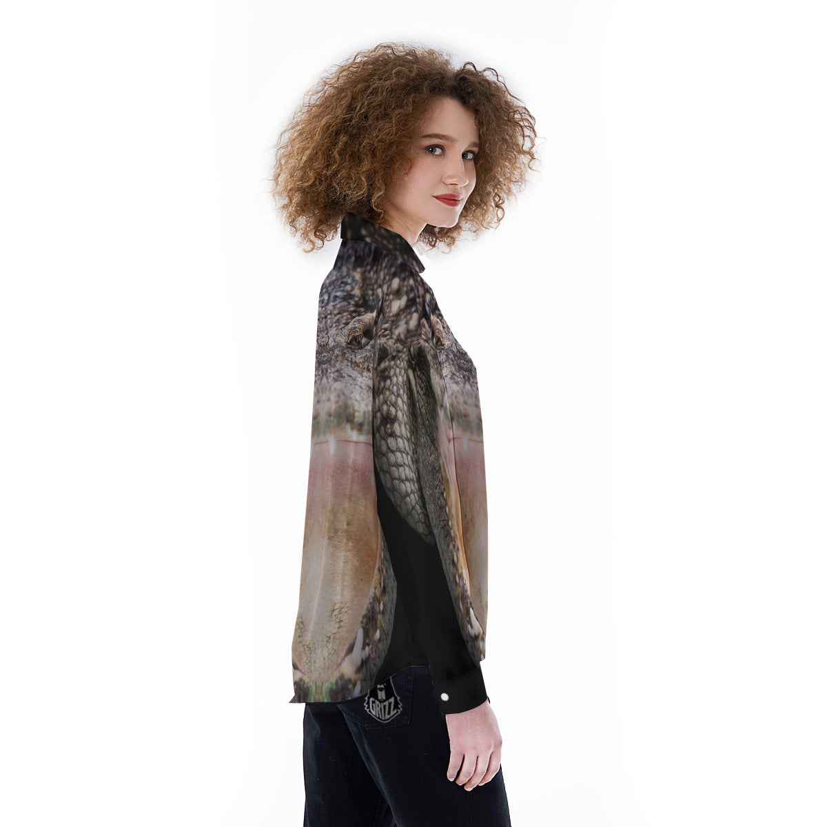 Portrait Crocodile Print Women's Long Sleeve Shirts-grizzshop