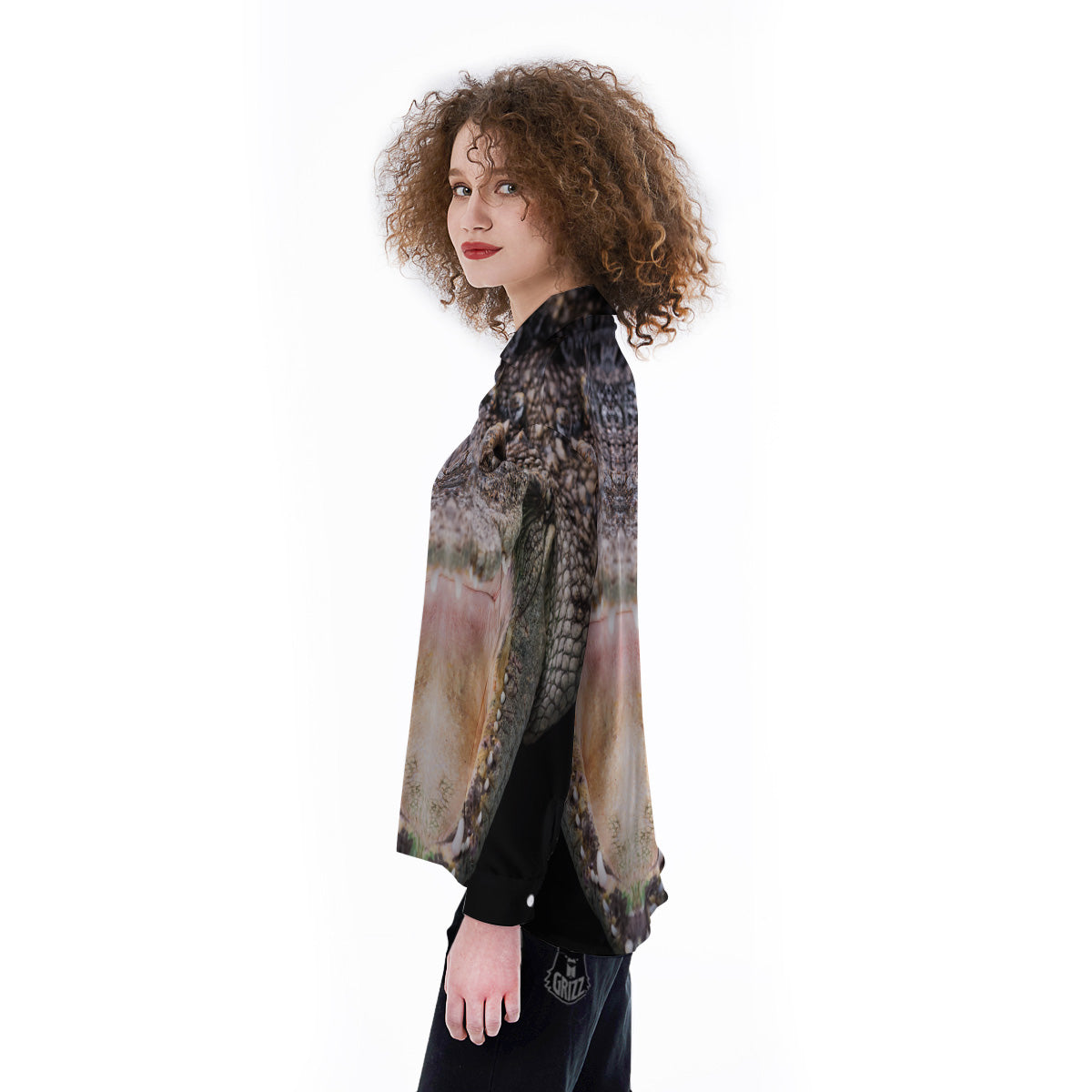 Portrait Crocodile Print Women's Long Sleeve Shirts-grizzshop