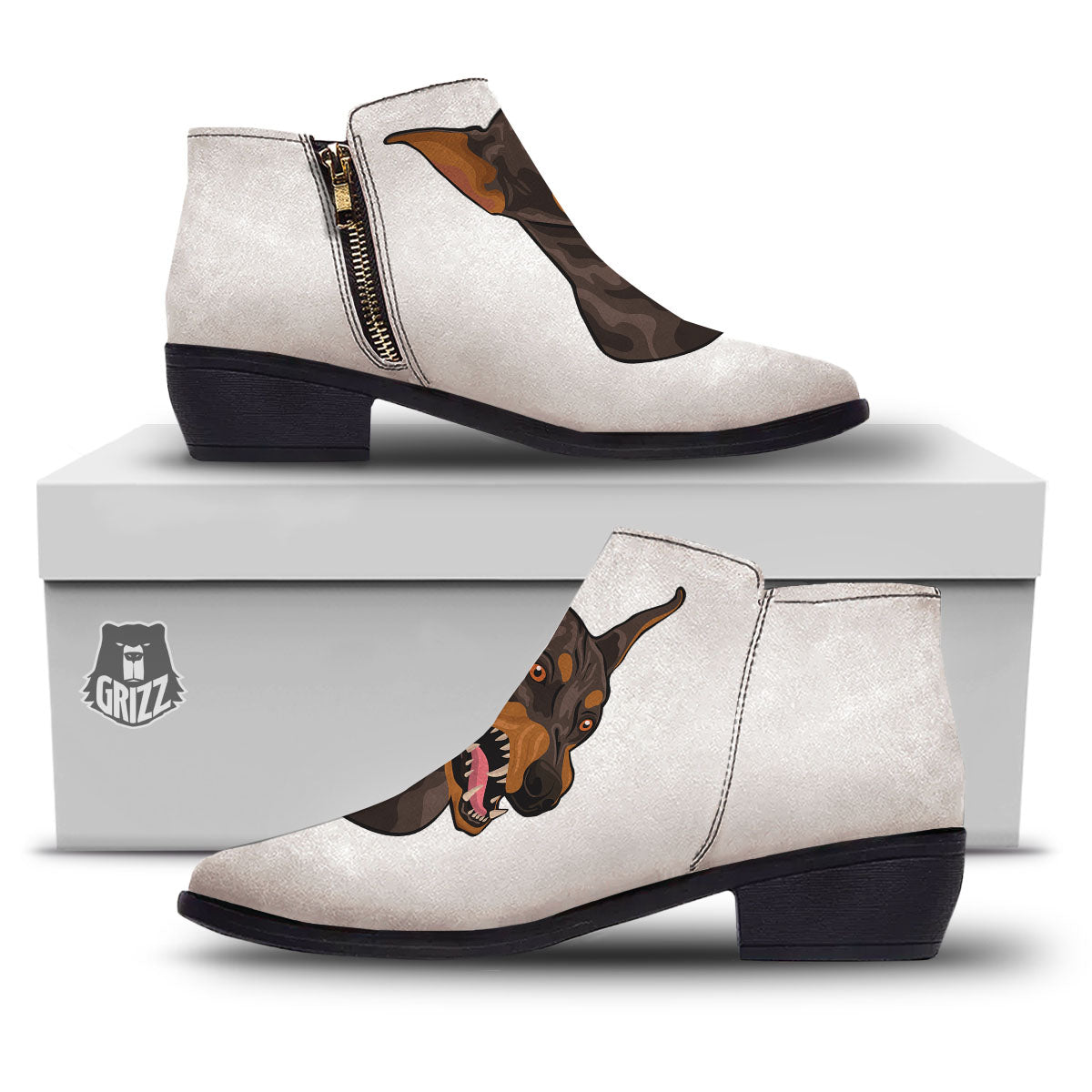 Portrait Dobermann Print Ankle Boots-grizzshop
